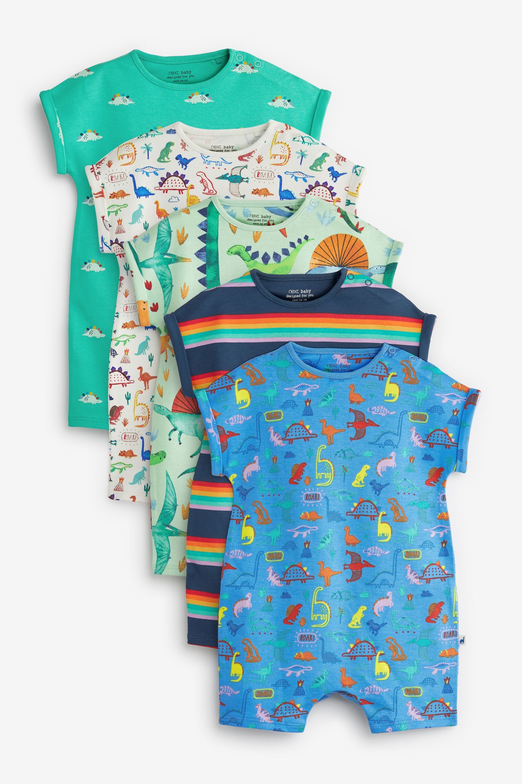 Bright Blue Dinosaur Baby 5 Pack Print Rompers (0mths-3yrs)