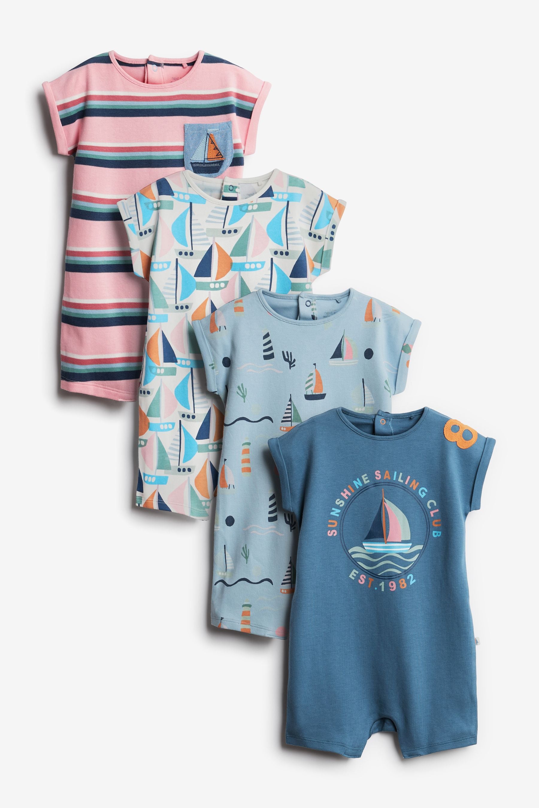 Blue Boat 4 Pack Baby Printed Rompers (0mths-3yrs)