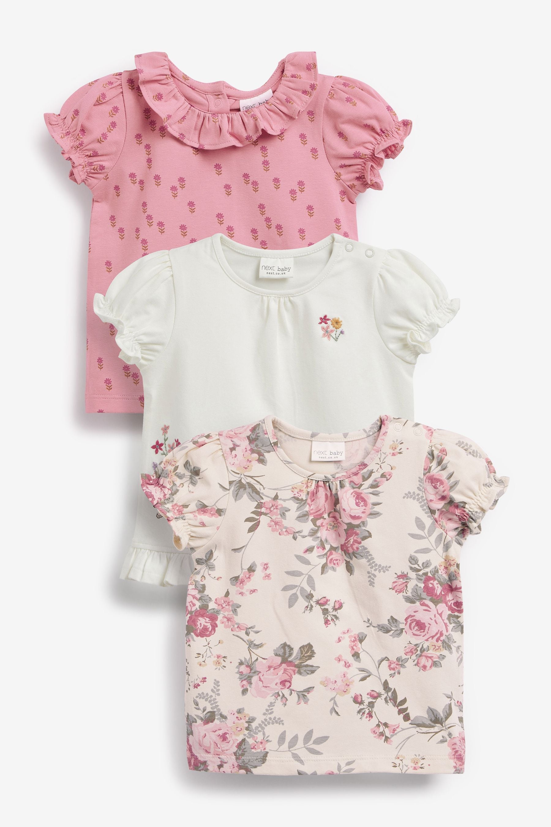 Pink/White Floral 3 Pack Baby Short Sleeve T-Shirt Tops