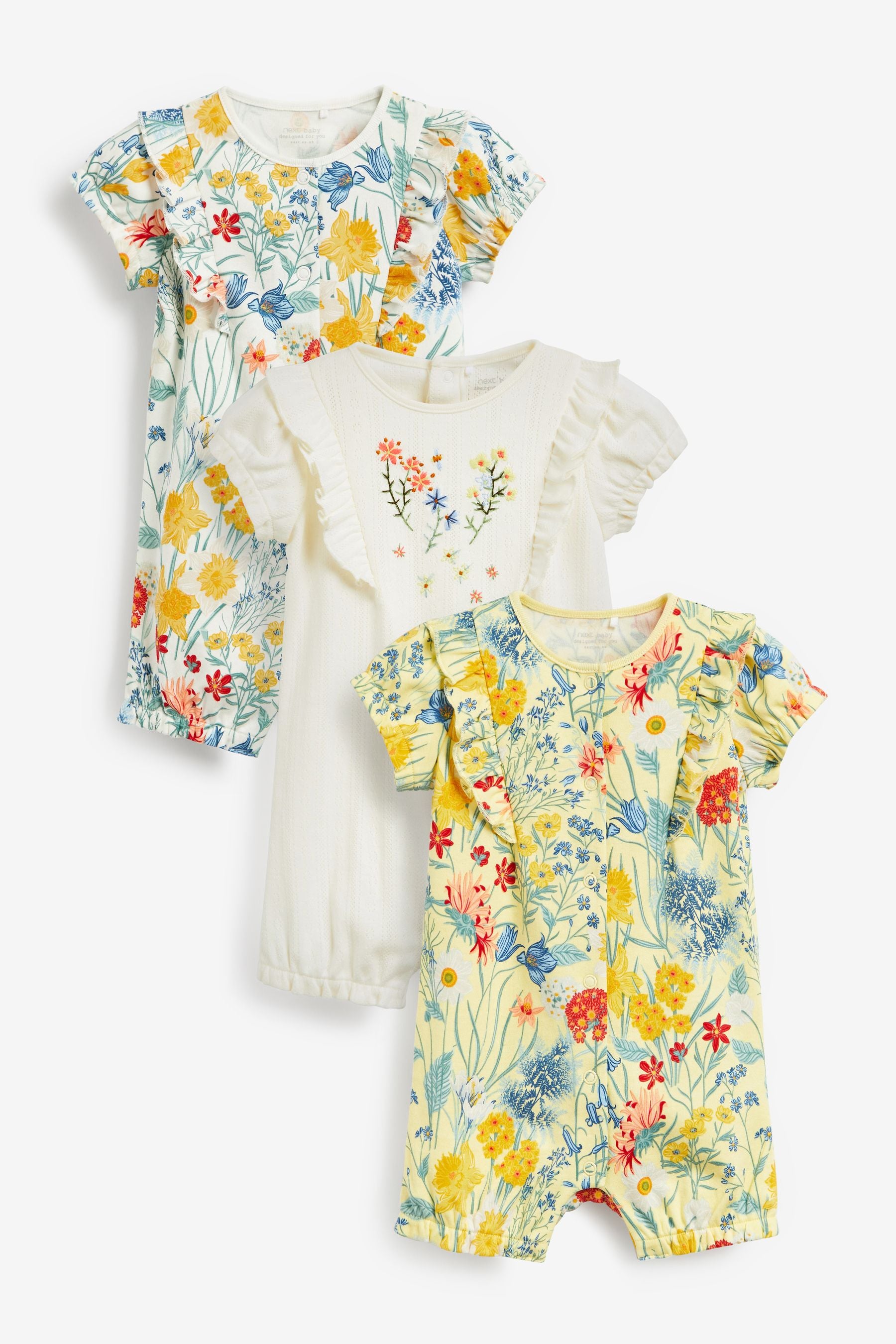 Yellow/White/Blue Floral 3 Pack Rompers (0mths-3yrs)