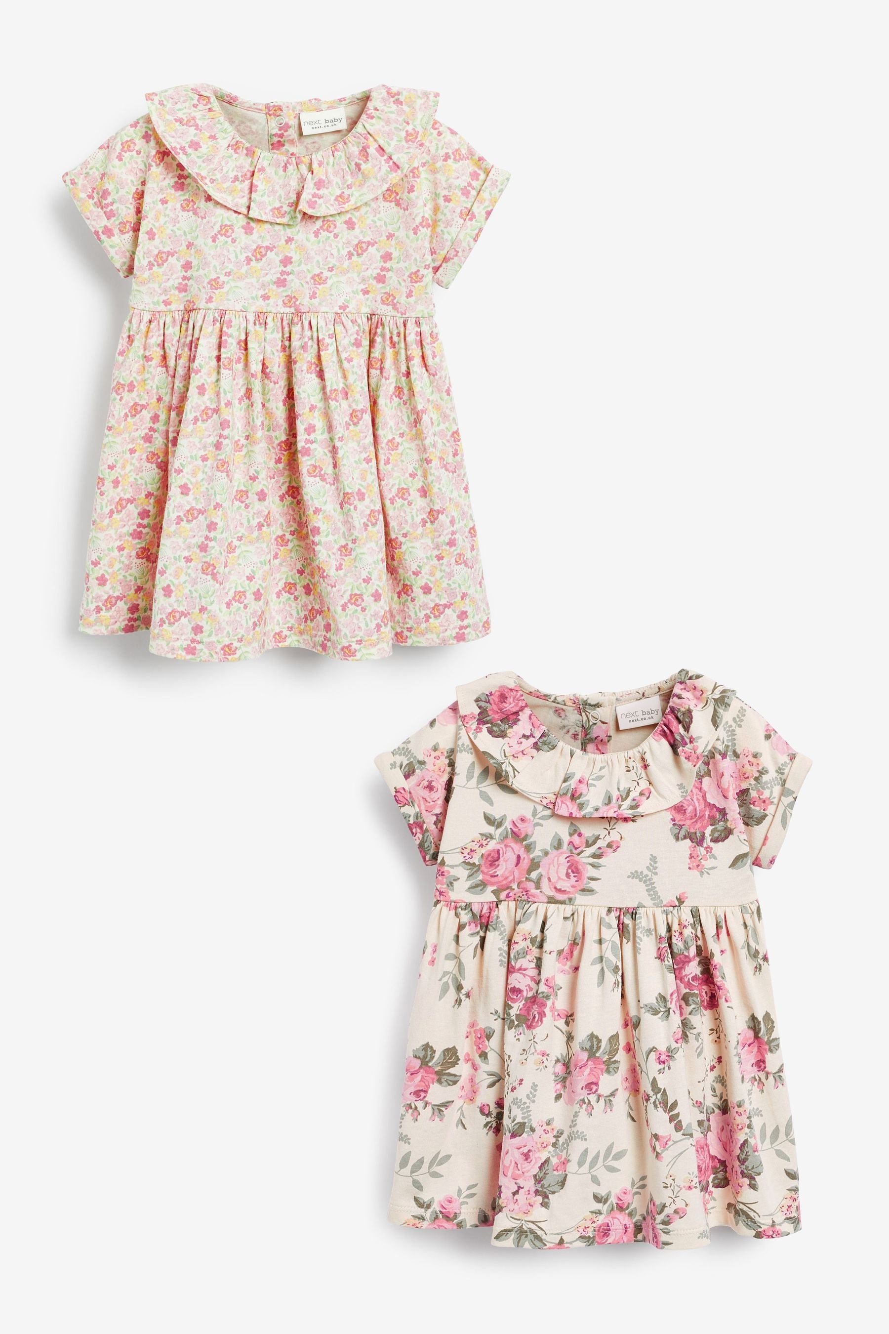 Pink and White Floral 2 Pack Short Sleeved Floral Baby Dresses (0mths-3yrs)