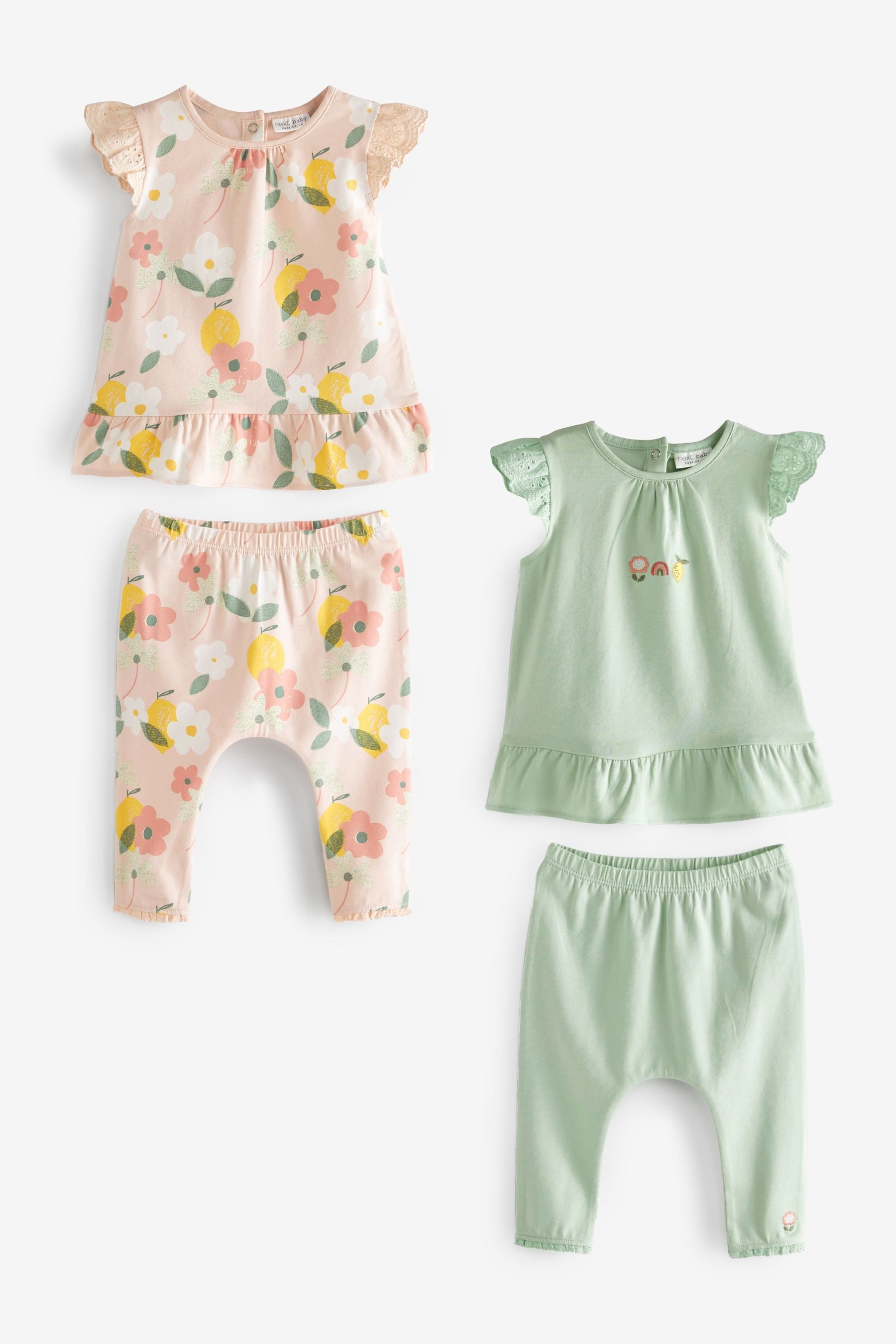 Sage Green Floral Short Sleeved Baby 4 Piece Tops and Leggings Set