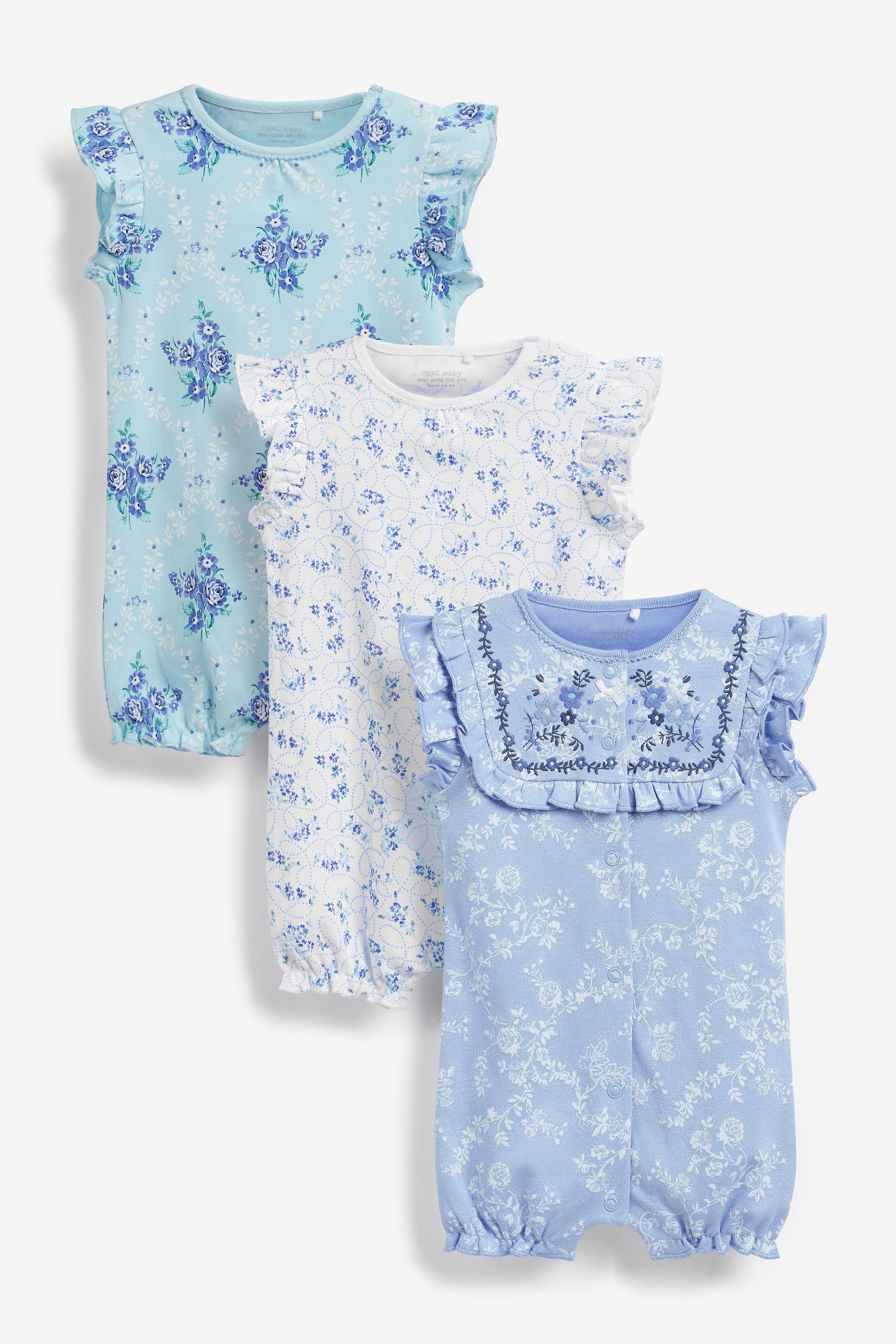 Blue Floral 3 Pack Rompers (0mths-3yrs)