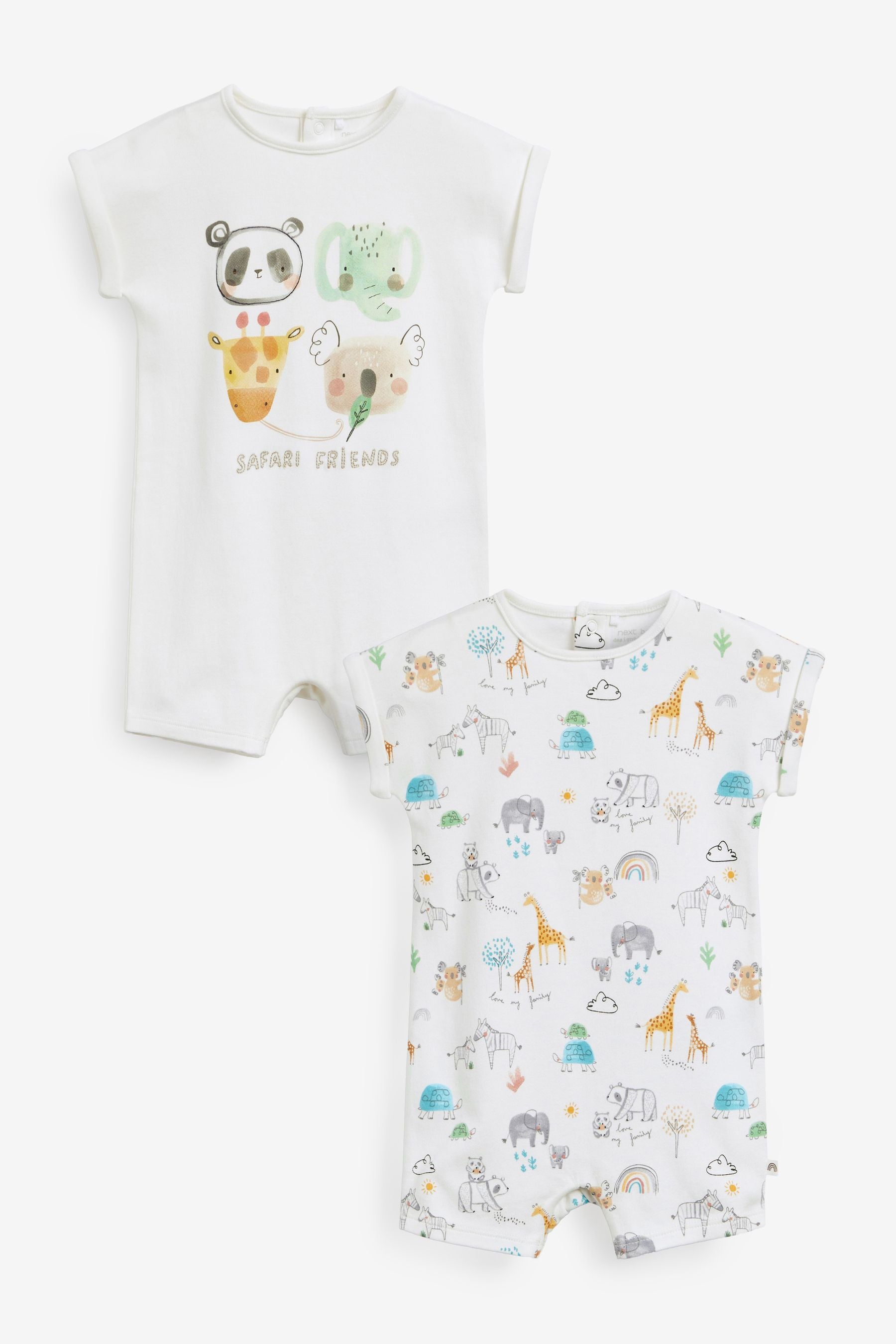 White Safari Friends 2 Pack Baby Rompers (0mths-3yrs)