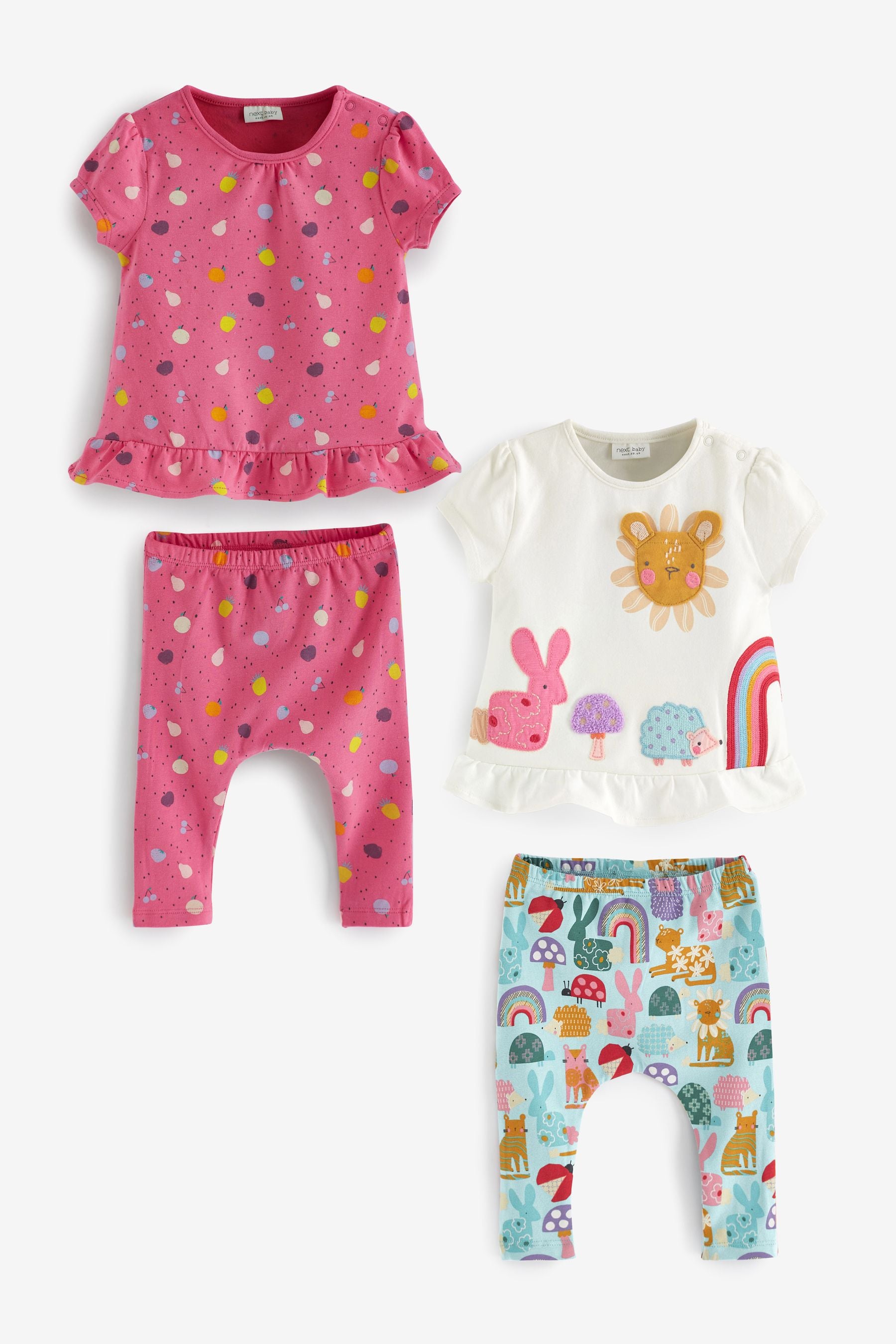 Pink/White/Teal Blue Animal Baby 4 Piece Top And Leggings Set (0mths-2yrs)