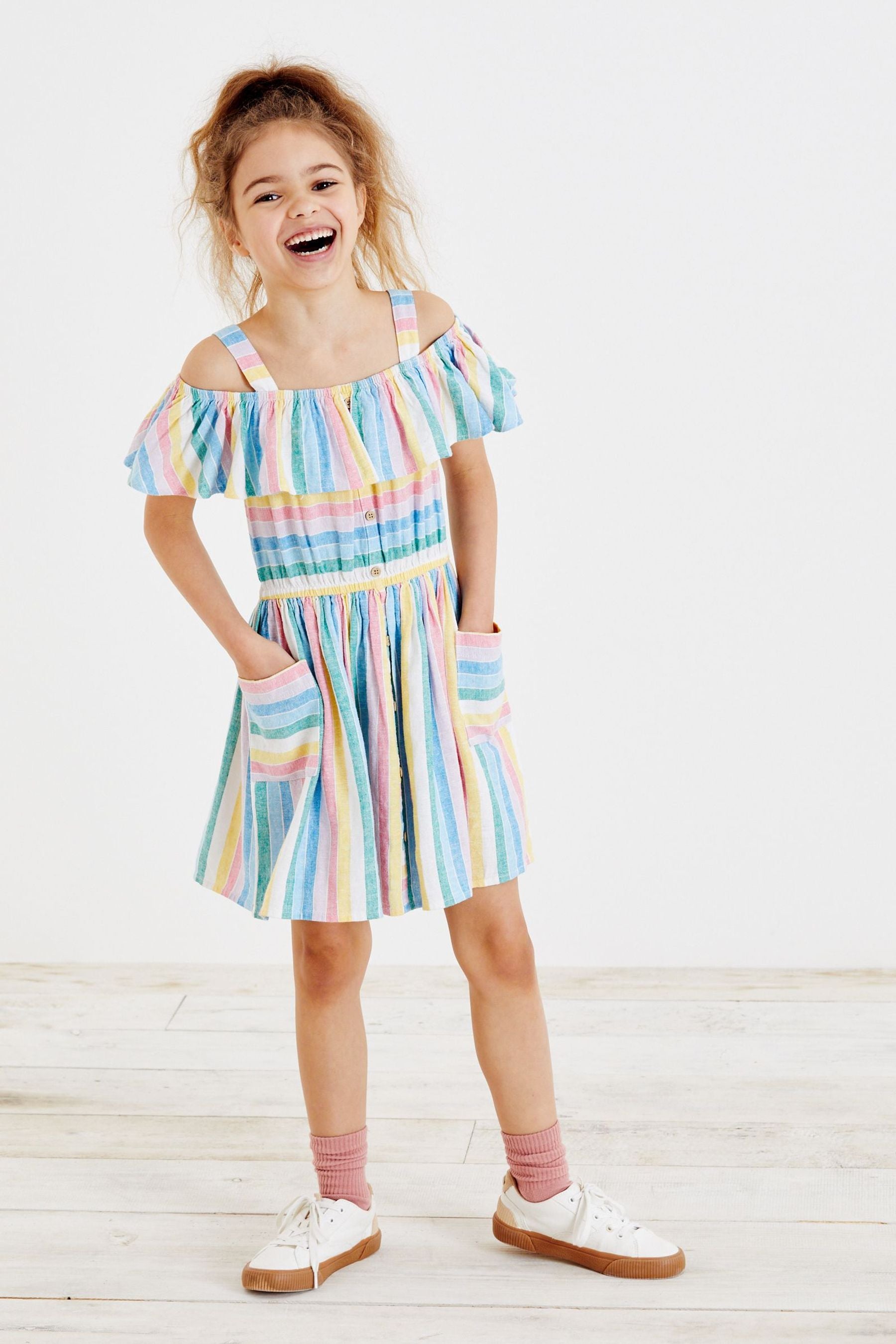 Rainbow Stripe Cold Shoulder Dress (3-16yrs)