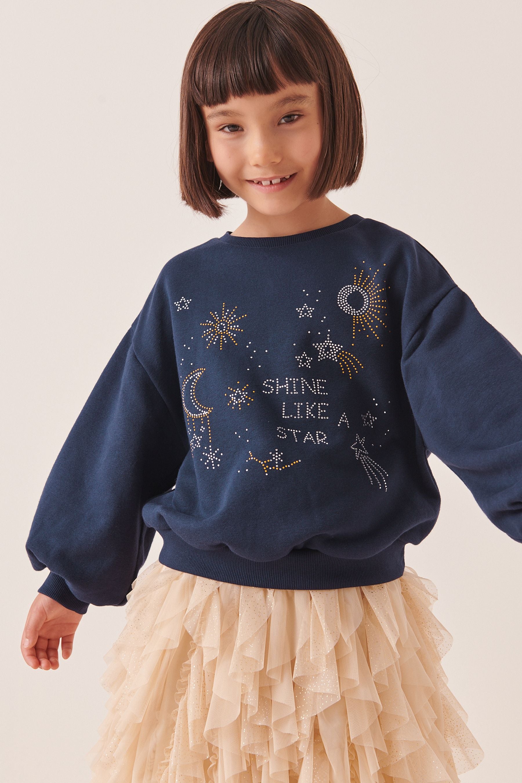 Navy Blue Embellished Stud Sequin Crew Sweatshirt Top (3-16yrs)