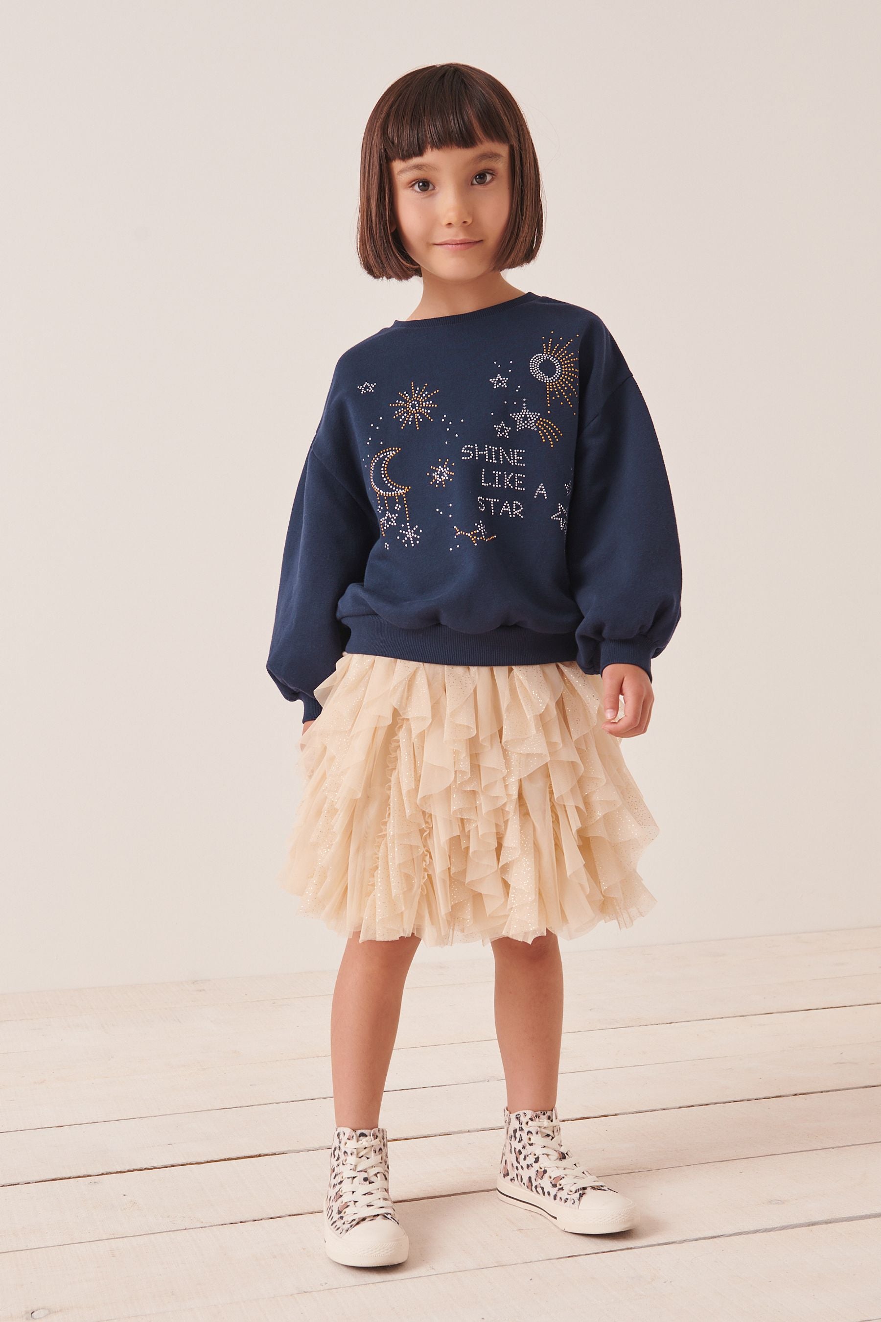 Navy Blue Embellished Stud Sequin Crew Sweatshirt Top (3-16yrs)