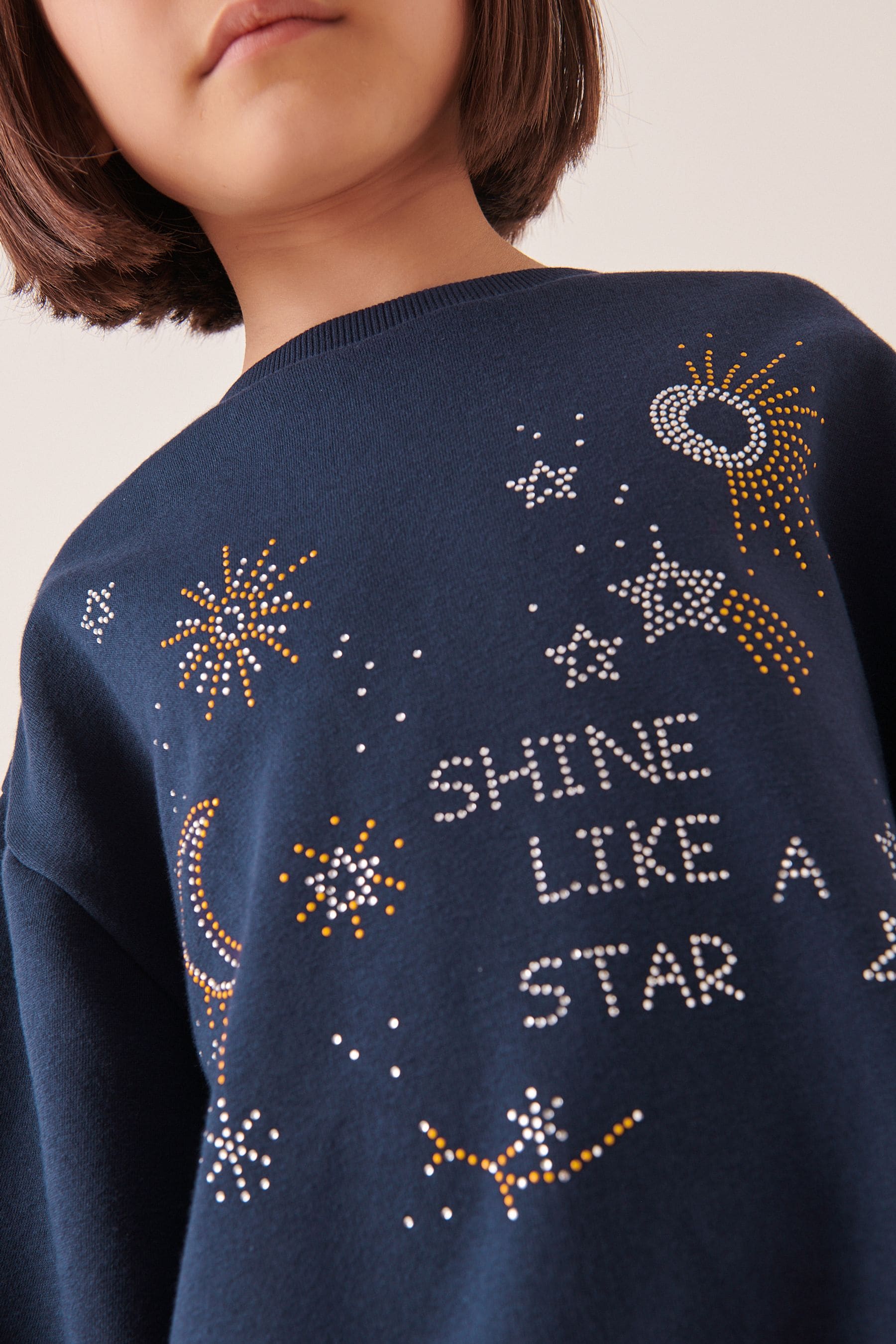 Navy Blue Embellished Stud Sequin Crew Sweatshirt Top (3-16yrs)