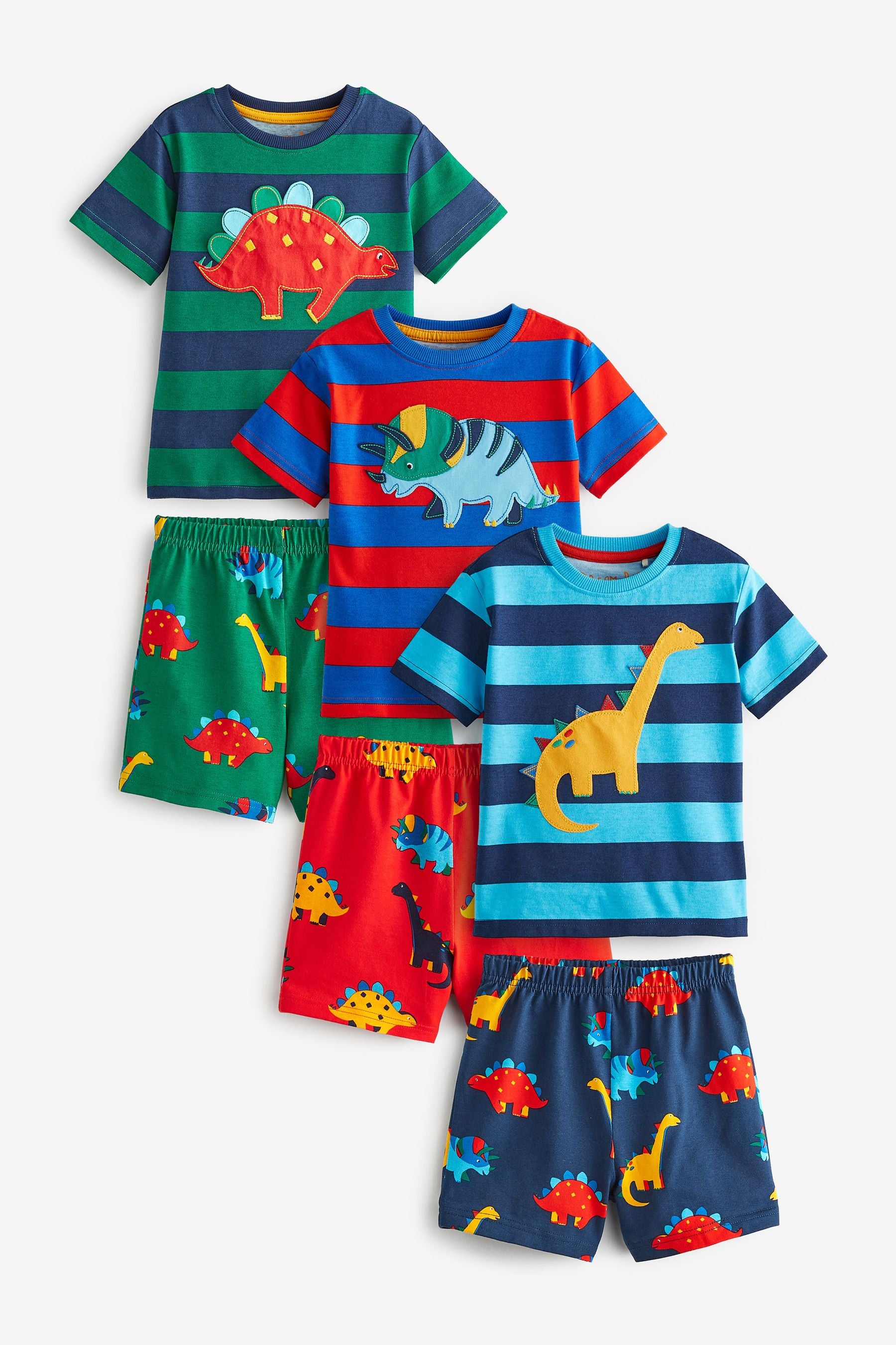 Blue/ Red/ Green Dino Stripe 3 Pack Short Pyjamas (9mths-12yrs)