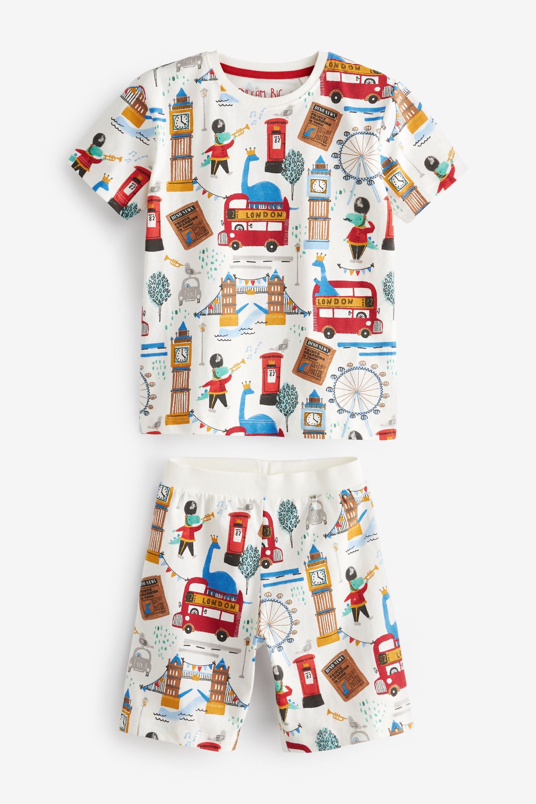 Blue/White London Dinosaur 2 Pack Short Pyjamas (9mths-10yrs)