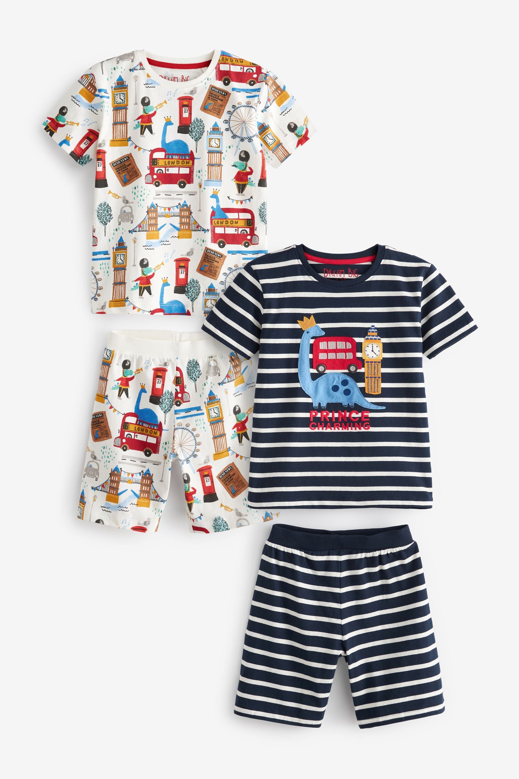 Blue/White London Dinosaur 2 Pack Short Pyjamas (9mths-10yrs)