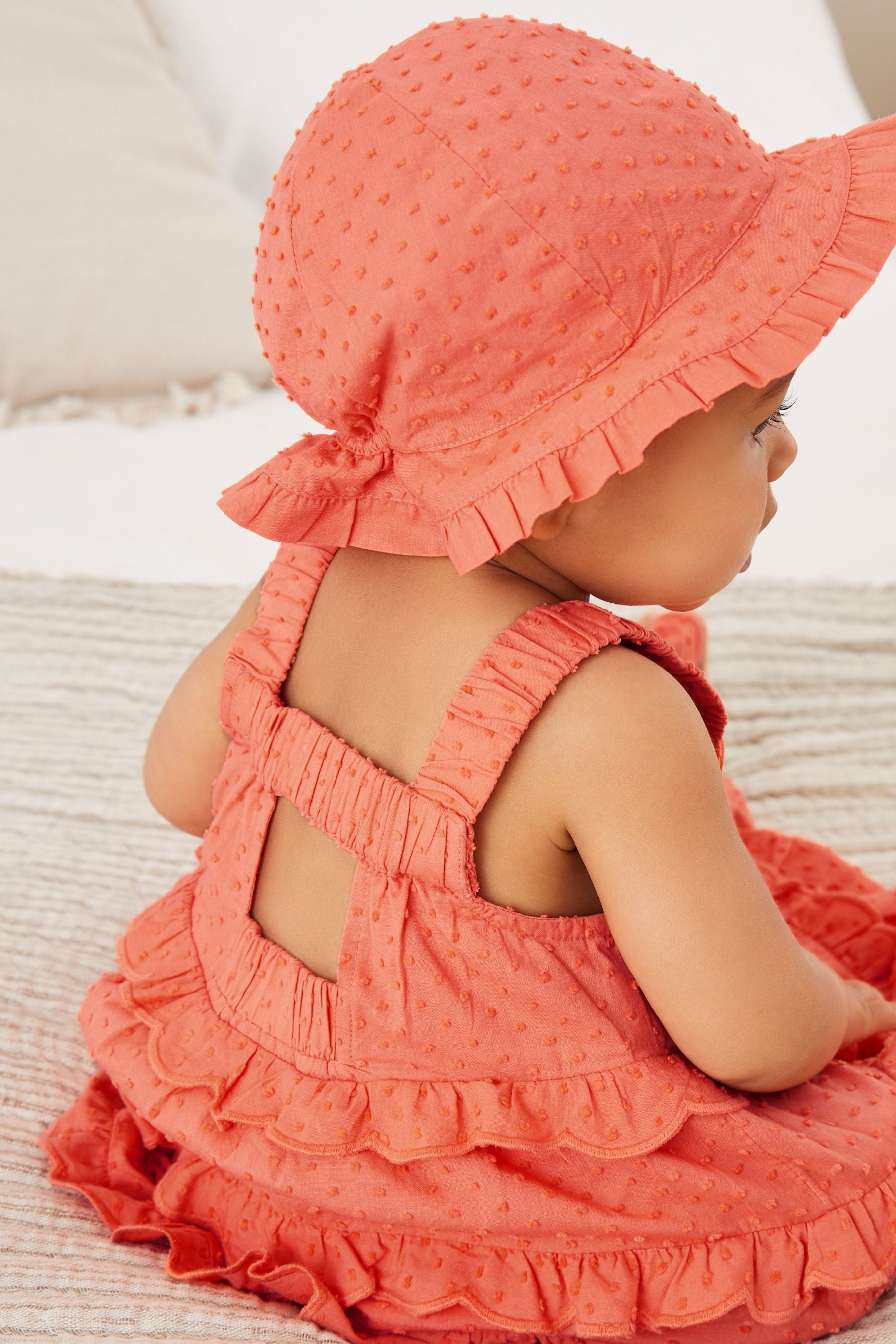 Baker by Ted Baker Baby Girls Coral Pink Tiered Dress  And Hat Set