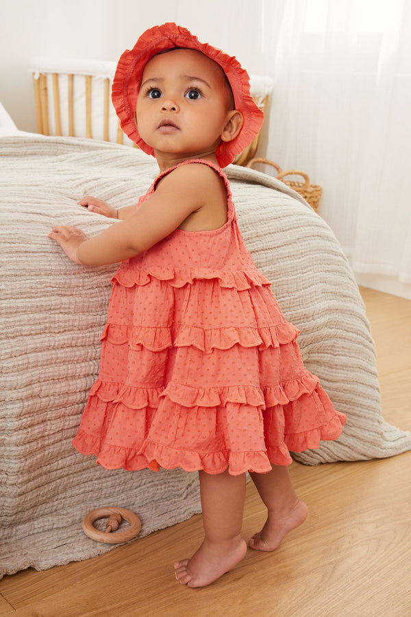 Baker by Ted Baker Baby Girls Coral Pink Tiered Dress  And Hat Set