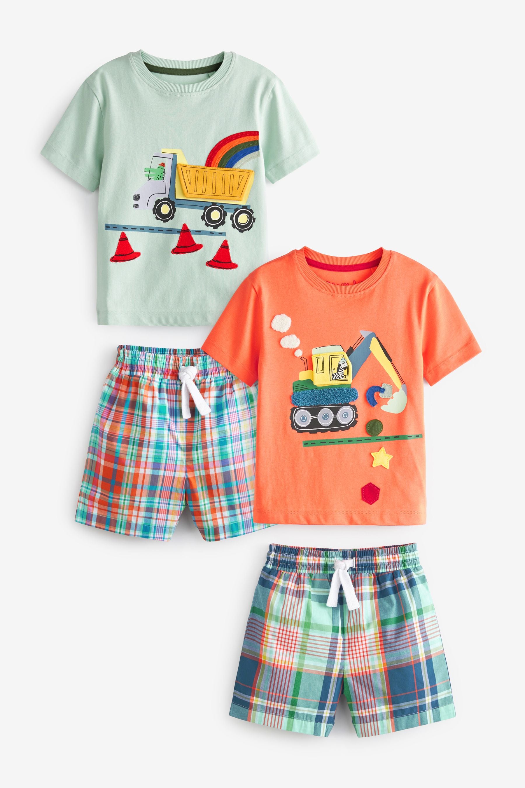 Orange/Green Diggers 2 Pack Check Short Pyjamas (9mths-10yrs)