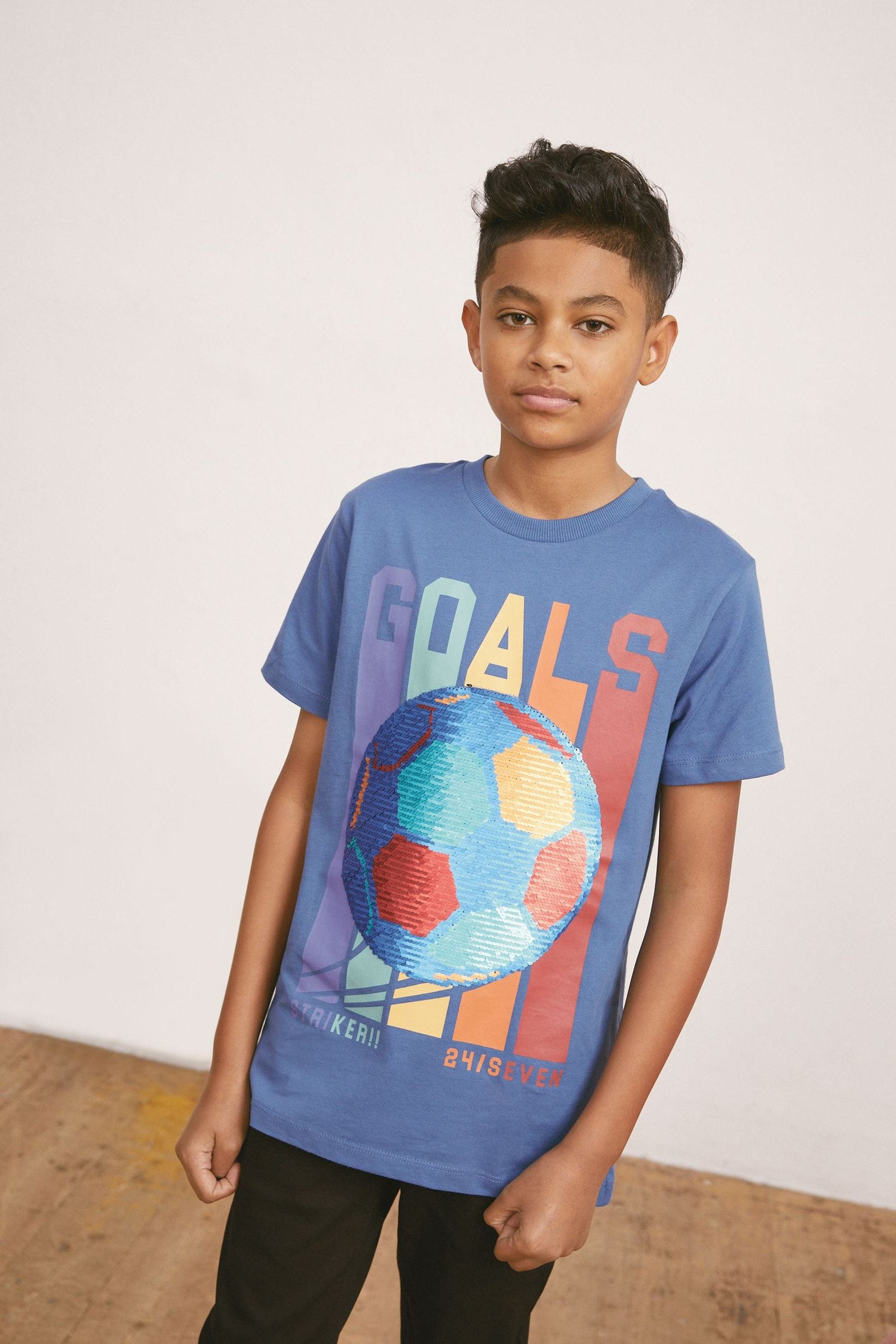 Blue Football Flippy Sequin Short Sleeve T-Shirt (3-16yrs)