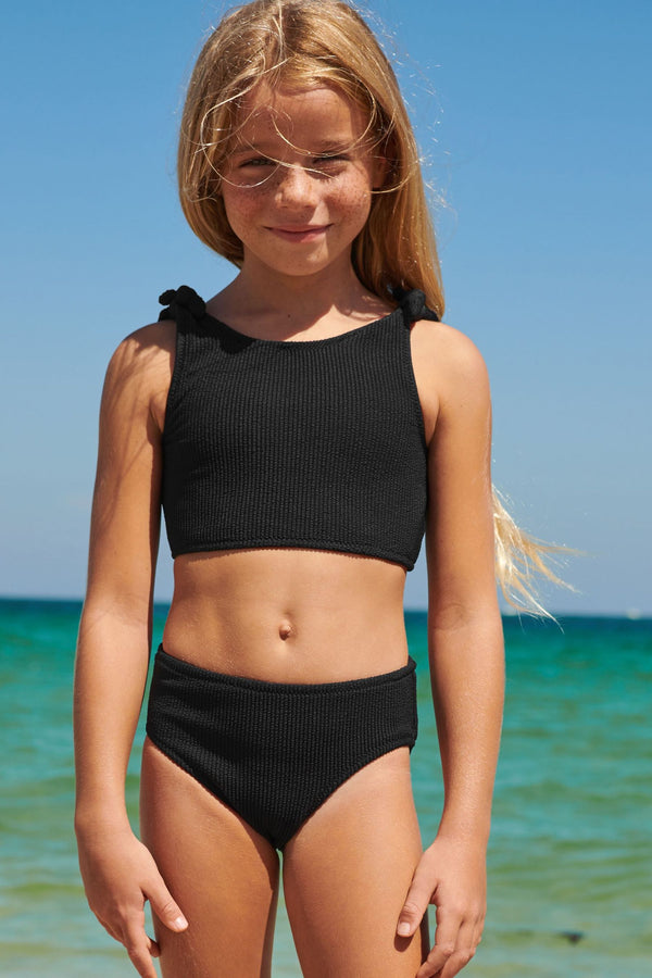 Black Textured Tie Shoulder Bikini Set (3-16yrs)