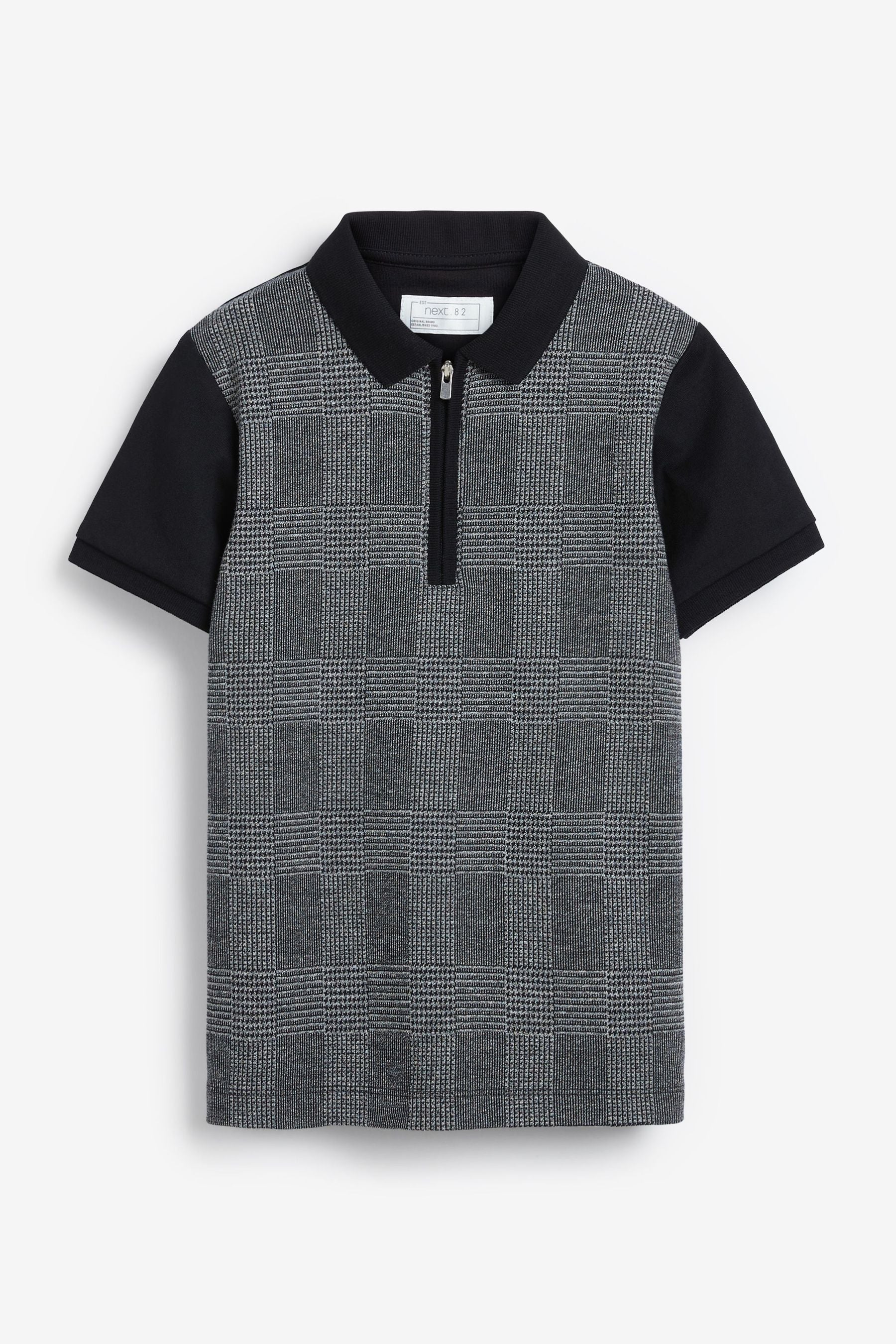 Charcoal Grey Check Zip Neck Short Sleeve Polo Shirt (3-16yrs)