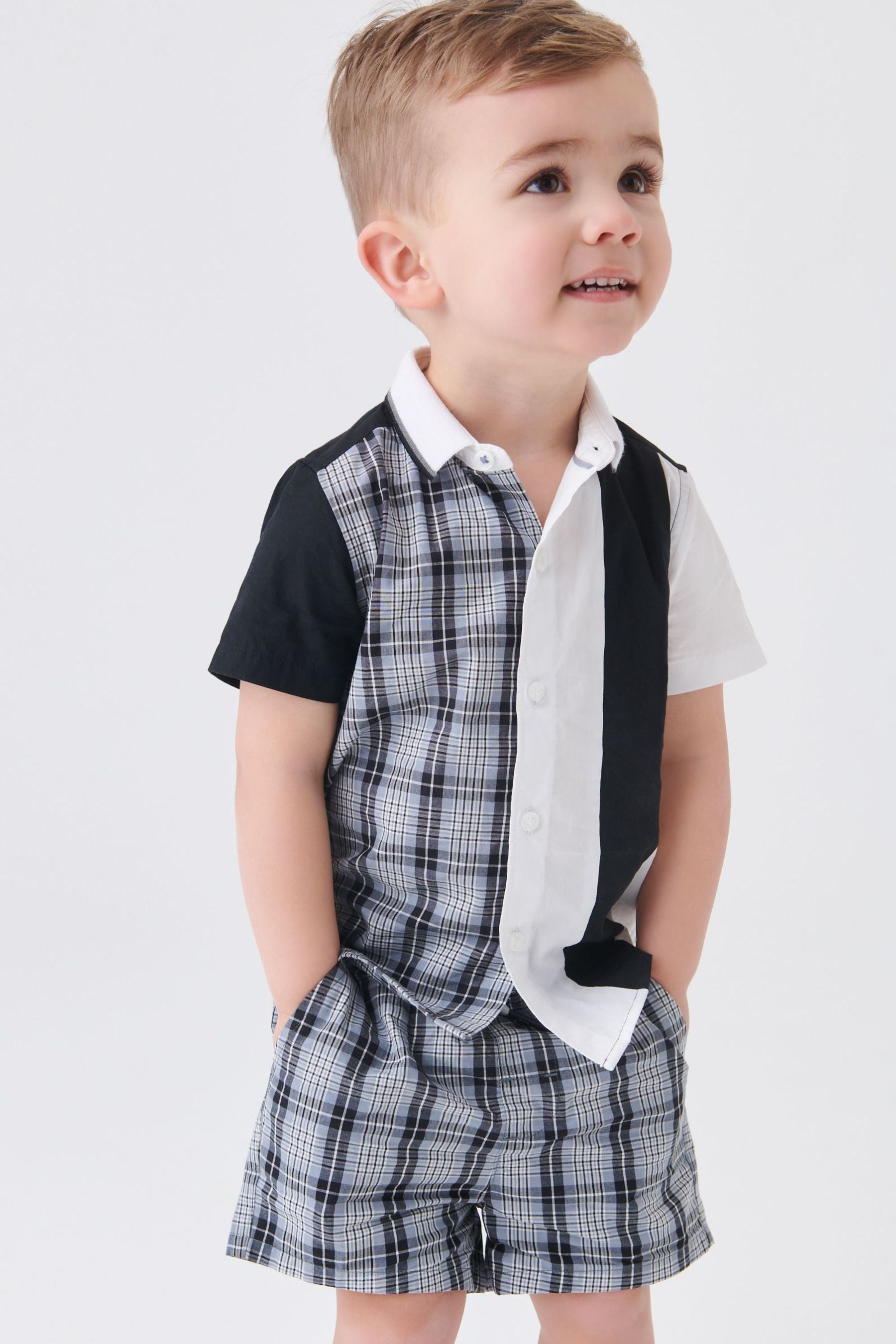 Monochrome Check Shirt & Short Set SS Splice Check Shirt (3mths-12yrs)