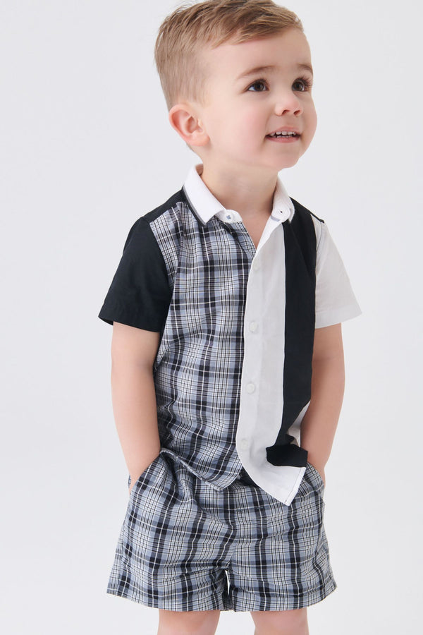 Monochrome Check Shirt & Short Set SS Splice Check Shirt (3mths-12yrs)