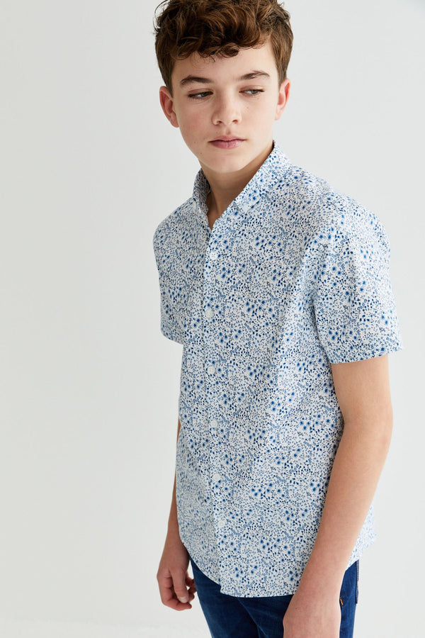 Blue Floral Print Short Sleeve Oxford Shirt (3-16yrs)