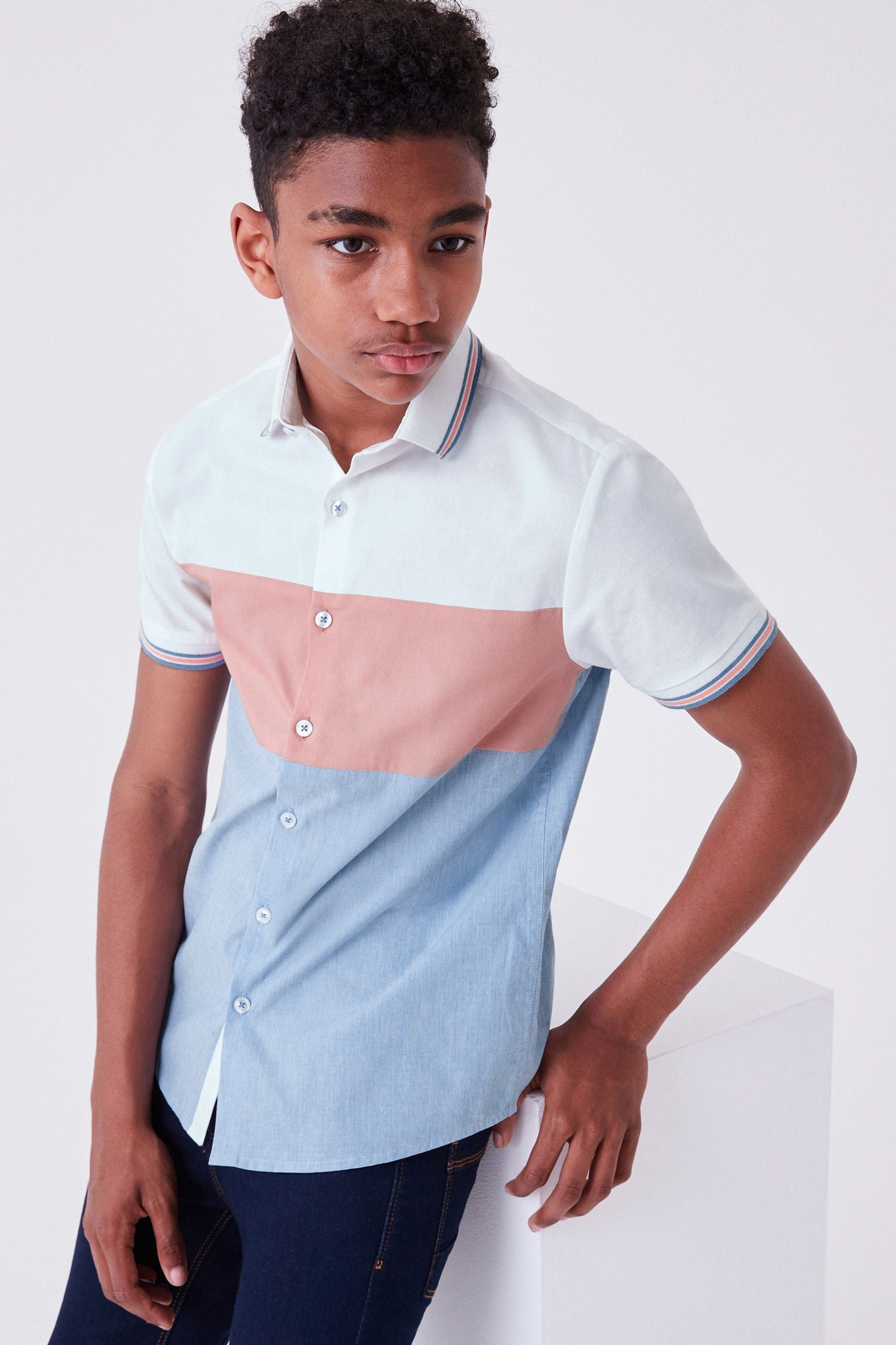 Pink/Blue Short Sleeve Colourblock Shirt (3-16yrs)