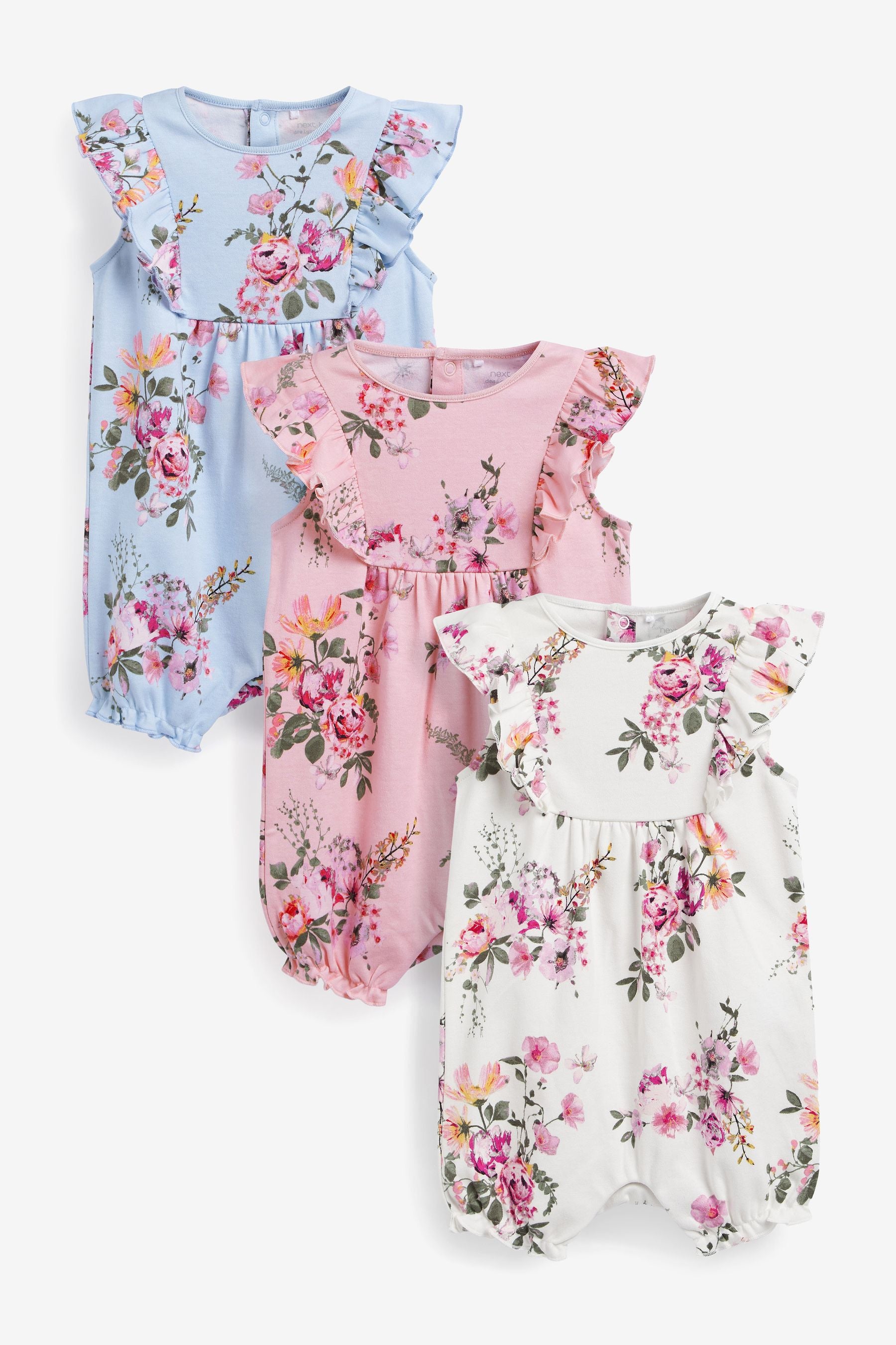 Pink/Blue/White Floral 3 Pack Rompers (0mths-3yrs)