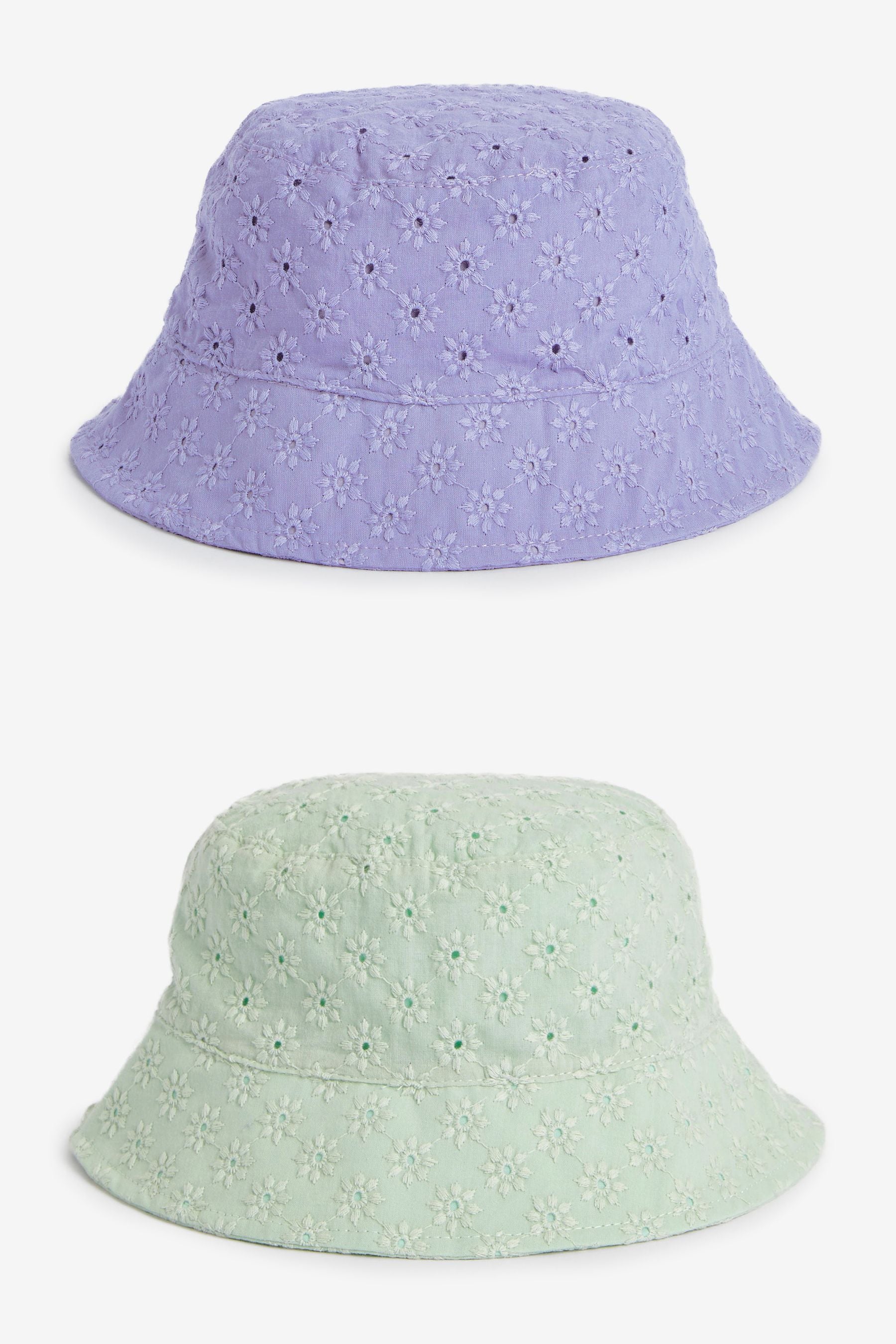 Lilac Purple/Mint Green 2 Pack Broderie Bucket Hats (3mths-6yrs)