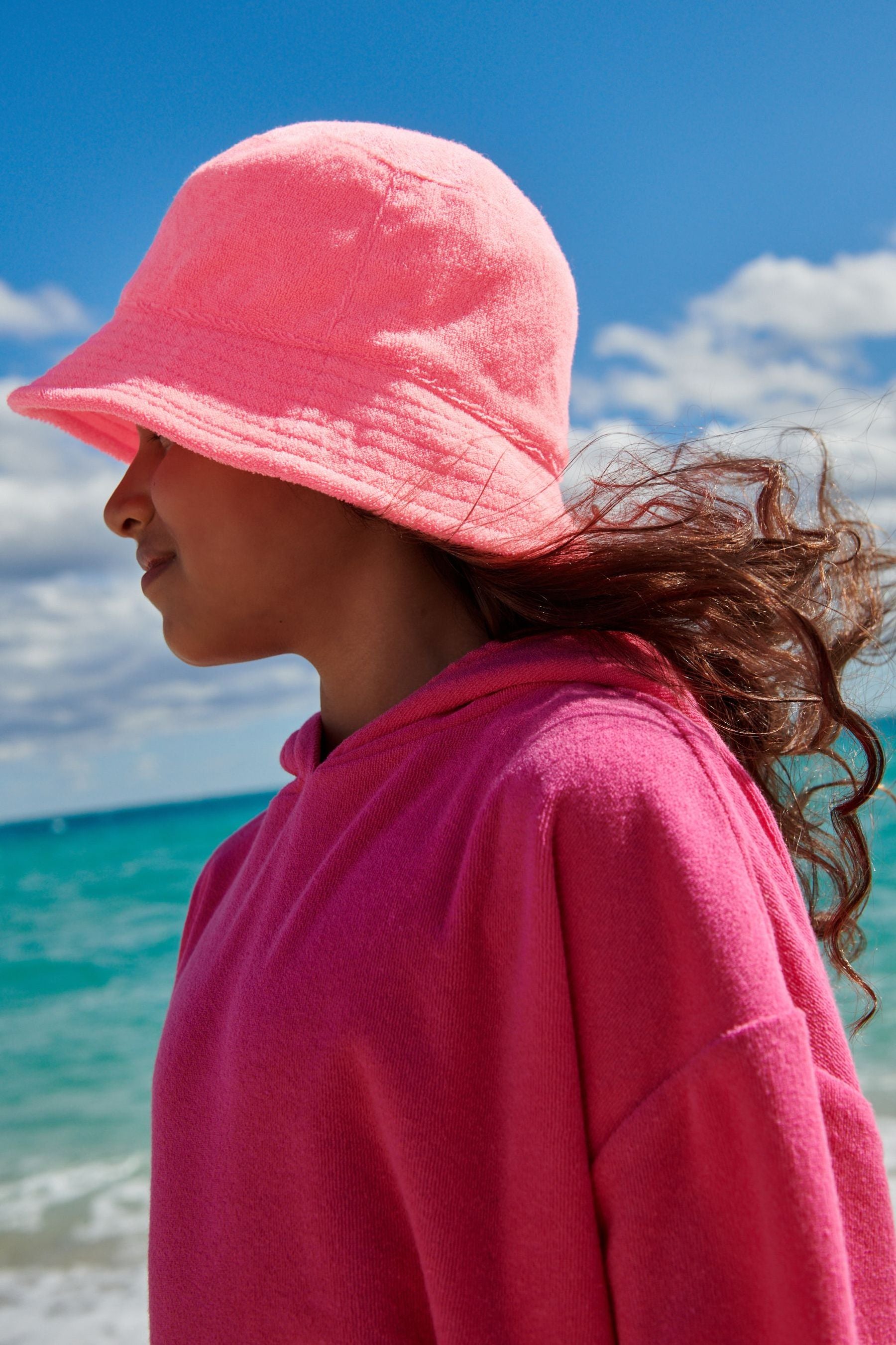 Fluro Pink Towelling Bucket Hat (3-16yrs)