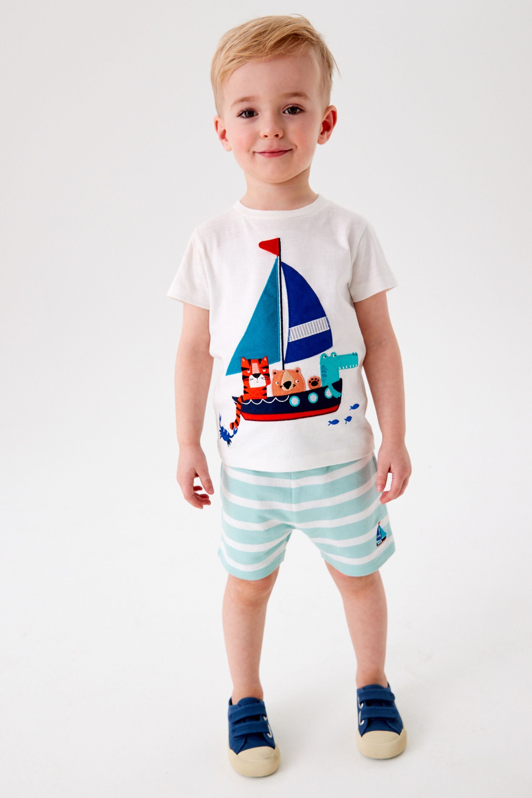 White/Blue Boat Character T-Shirt and Shorts Set (3mths-7yrs)