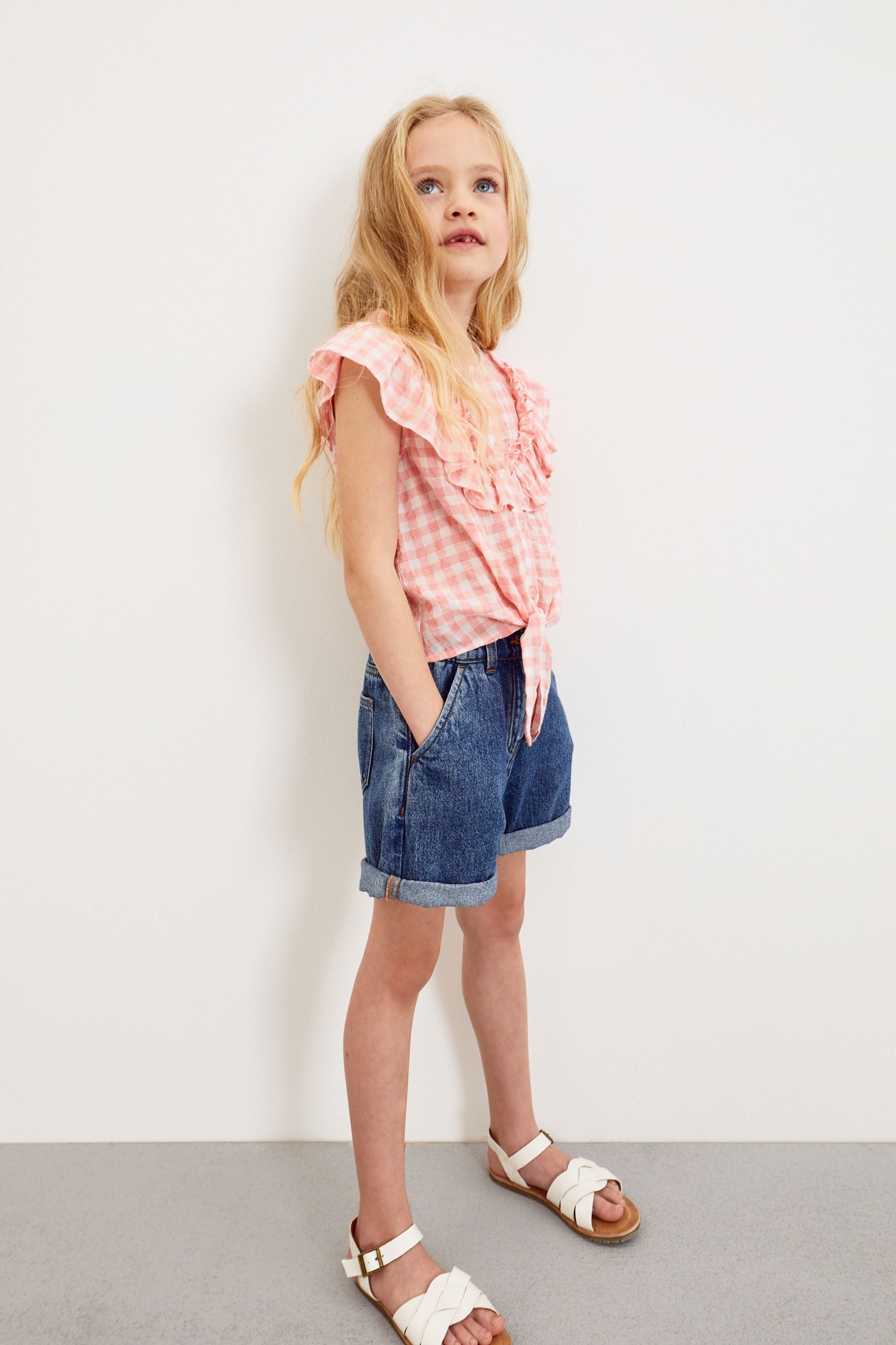 Pink Gingham Tie Front Frill Blouse (3-16yrs)