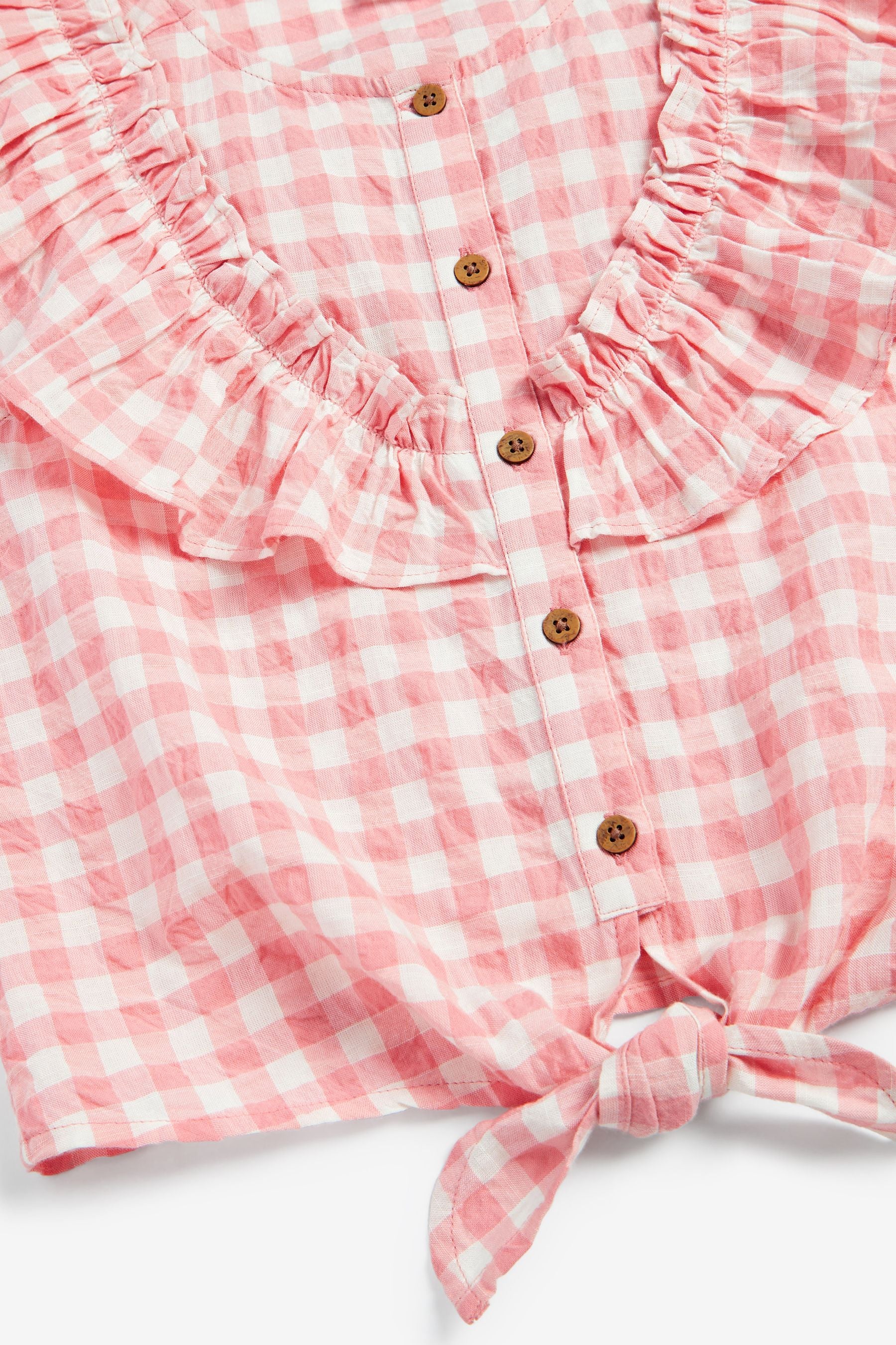 Pink Gingham Tie Front Frill Blouse (3-16yrs)