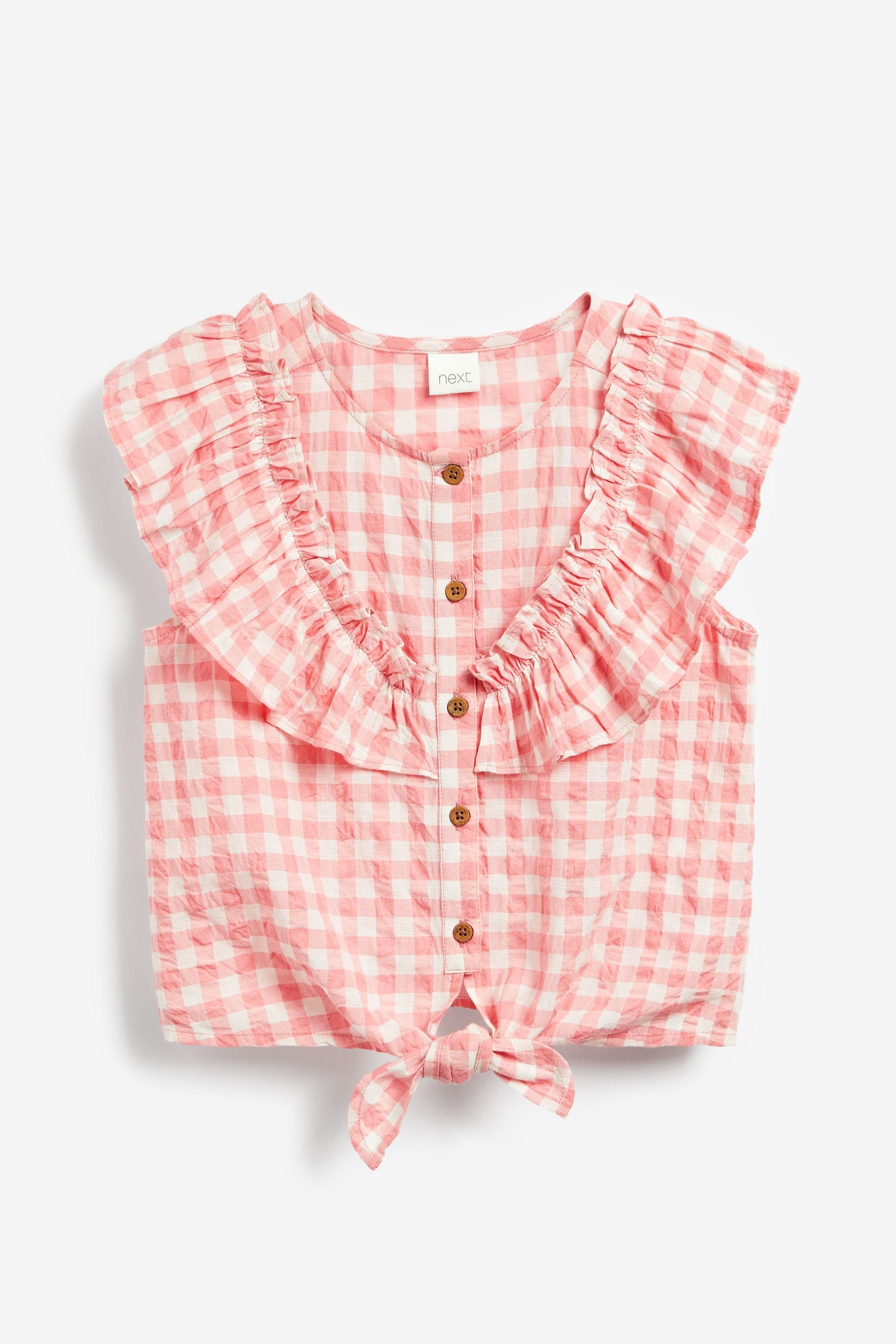 Pink Gingham Tie Front Frill Blouse (3-16yrs)