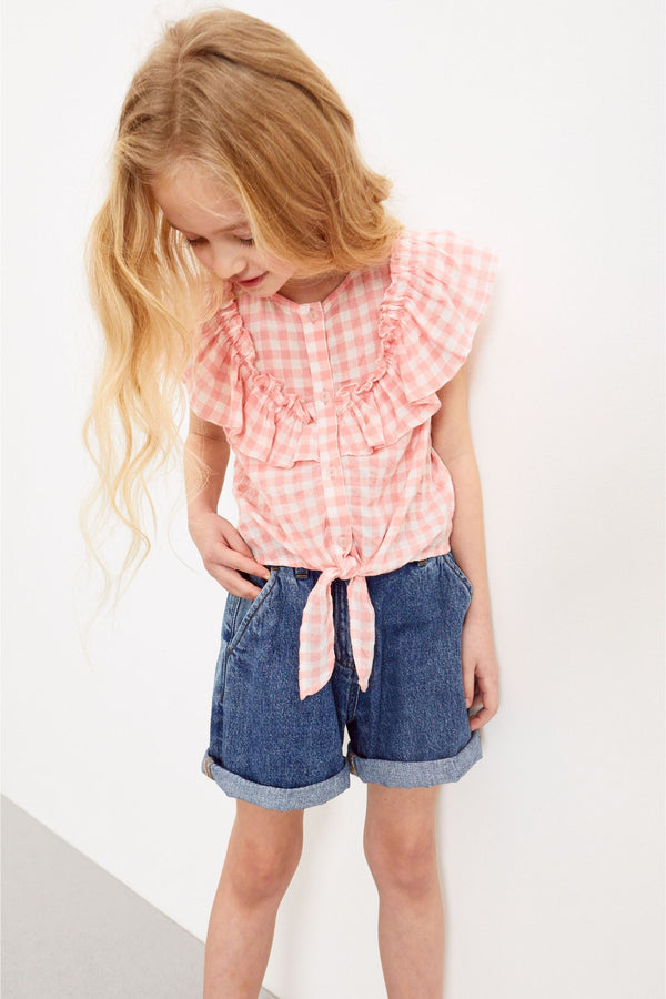 Pink Gingham Tie Front Frill Blouse (3-16yrs)