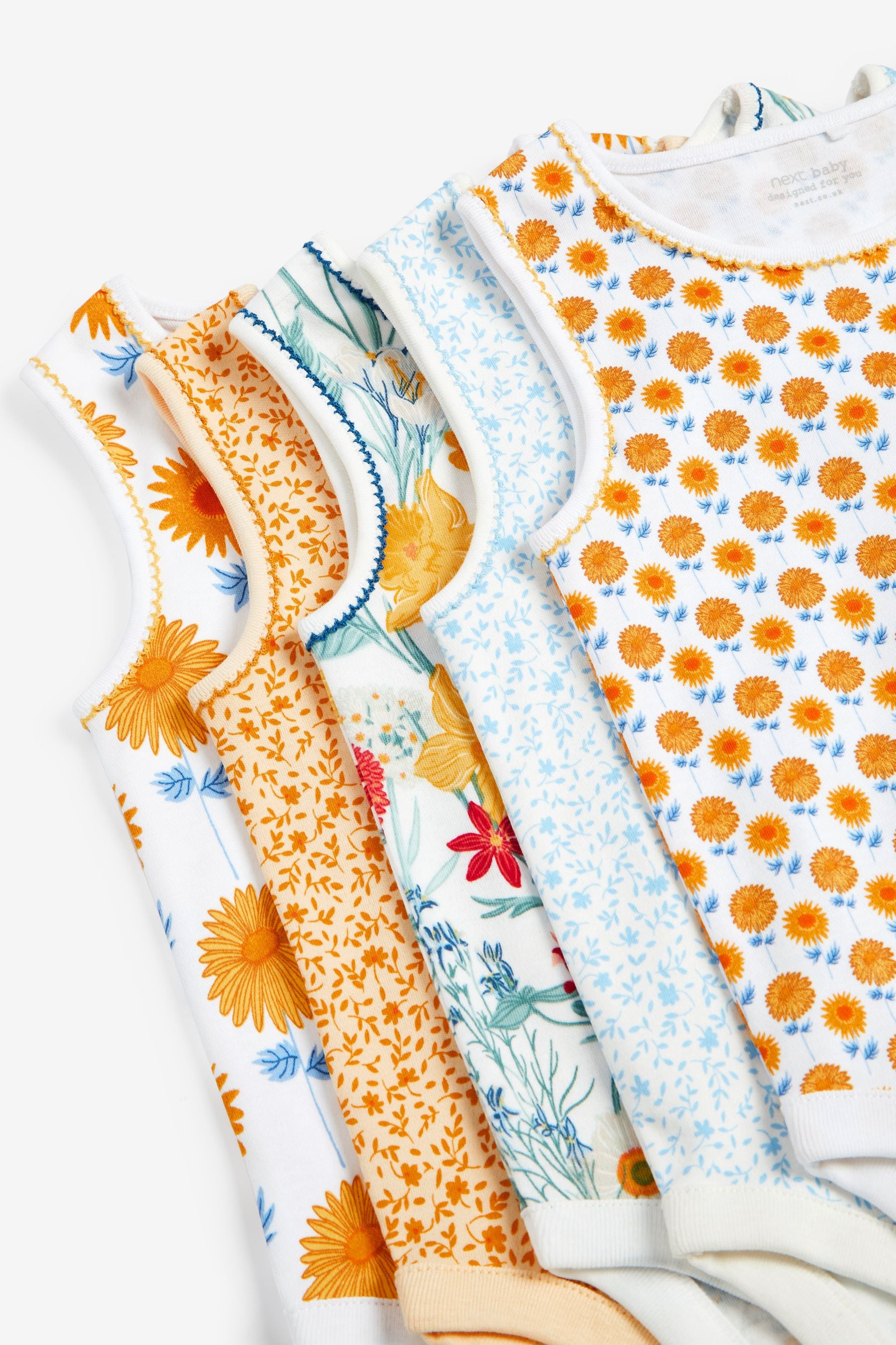 Ochre Yellow Floral Baby 5 Pack Vest Bodysuits (0mths-3yrs)