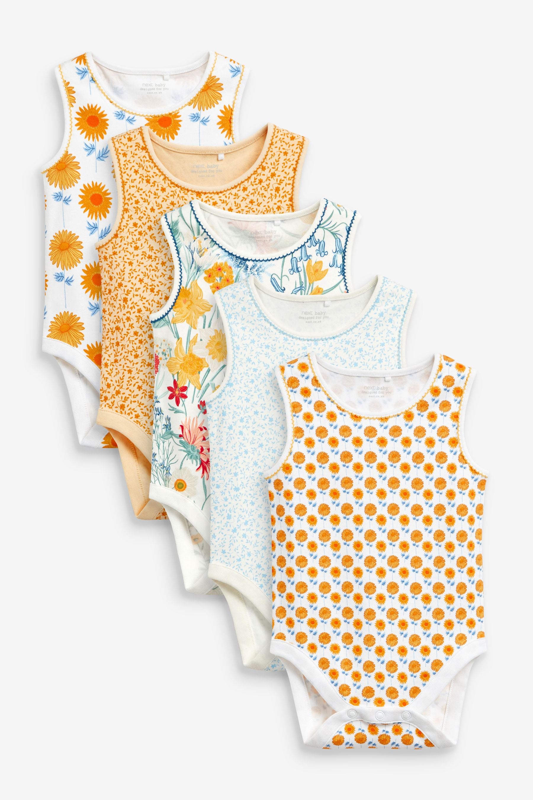 Ochre Yellow Floral Baby 5 Pack Vest Bodysuits (0mths-3yrs)