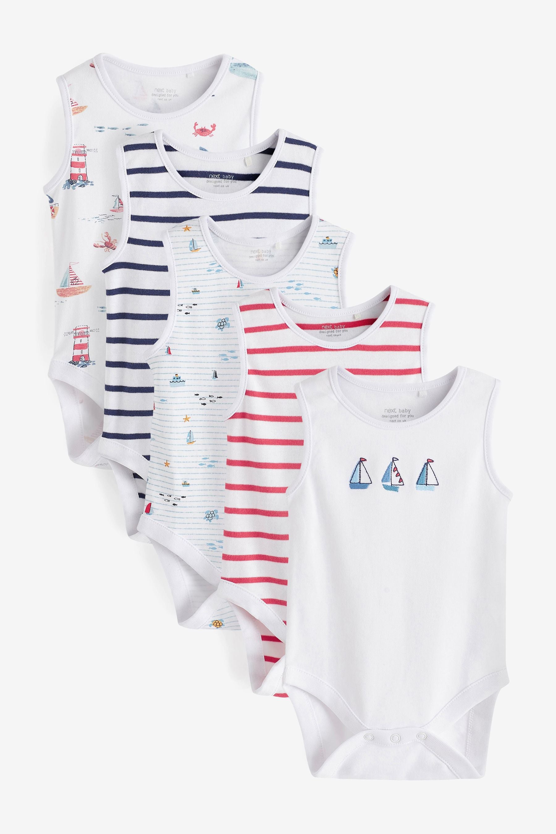 Blue Boat Print Baby 5 Pack Vest Bodysuits