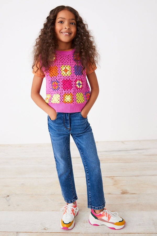 Bright Pink Crochet Square Knitted Vest (3-16yrs)