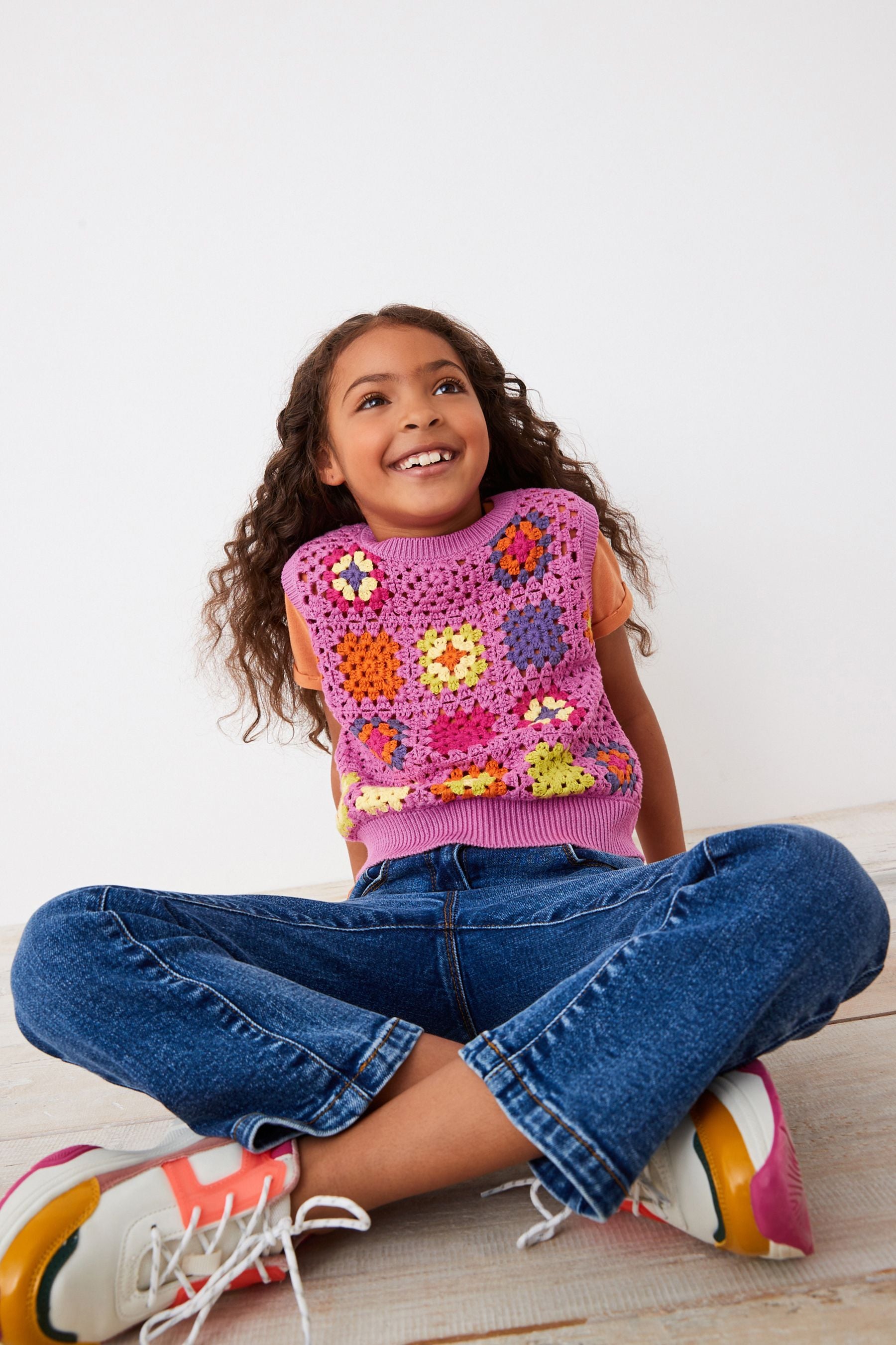 Bright Pink Crochet Square Knitted Vest (3-16yrs)