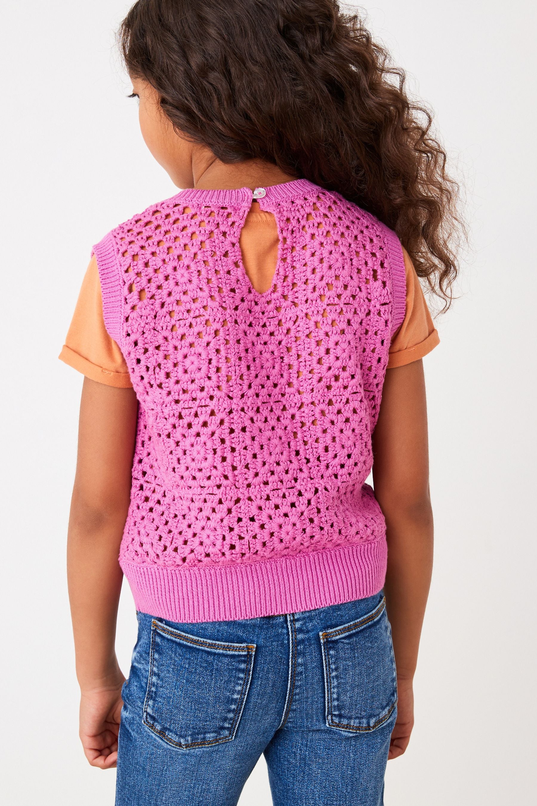 Bright Pink Crochet Square Knitted Vest (3-16yrs)