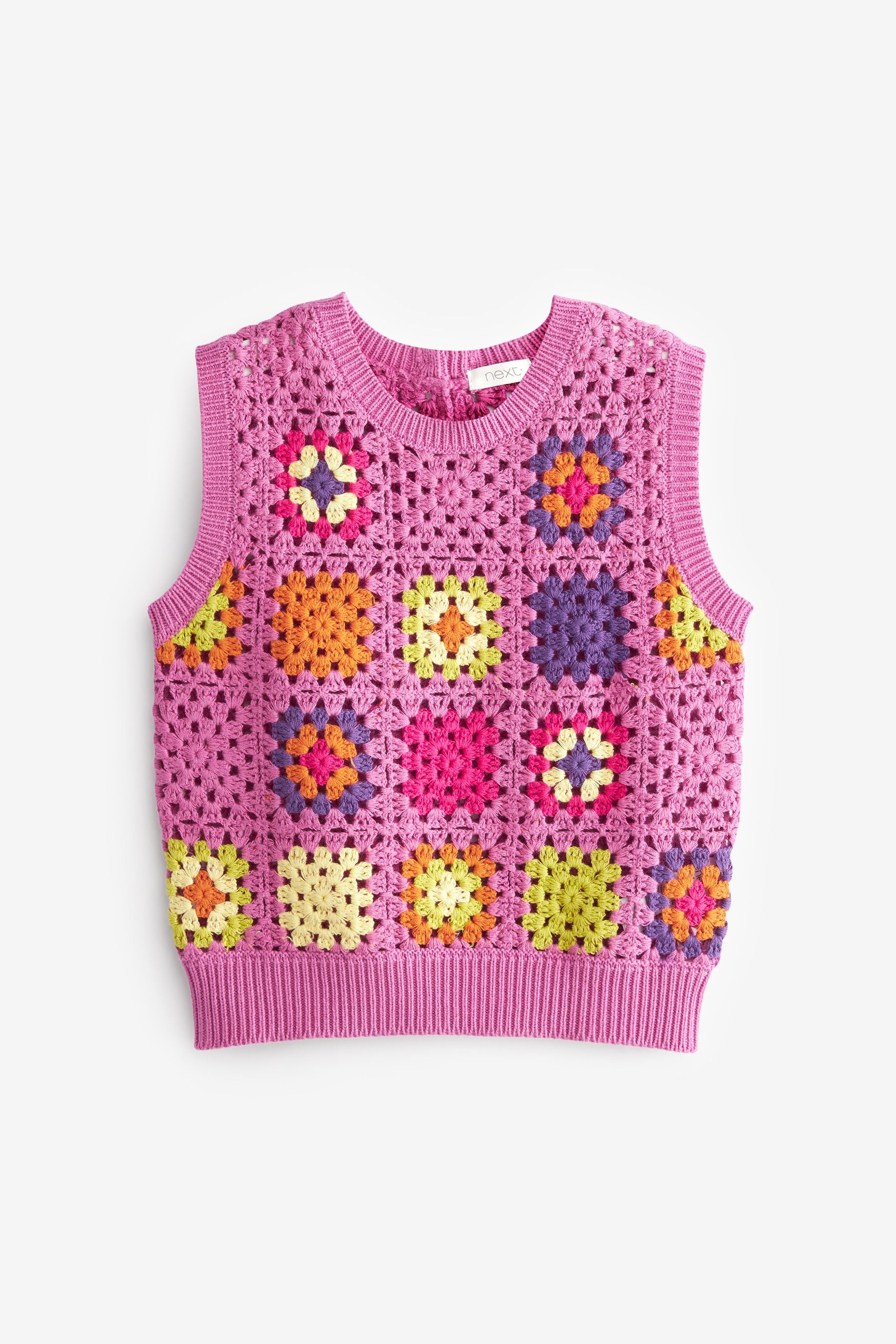 Bright Pink Crochet Square Knitted Vest (3-16yrs)