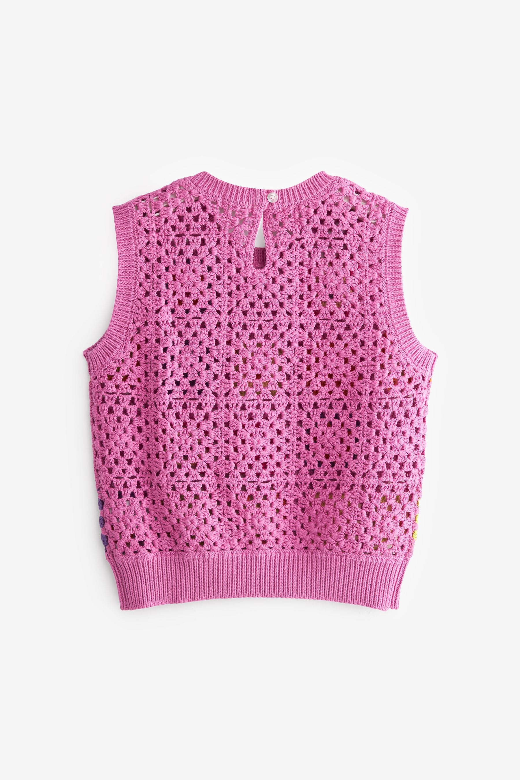 Bright Pink Crochet Square Knitted Vest (3-16yrs)