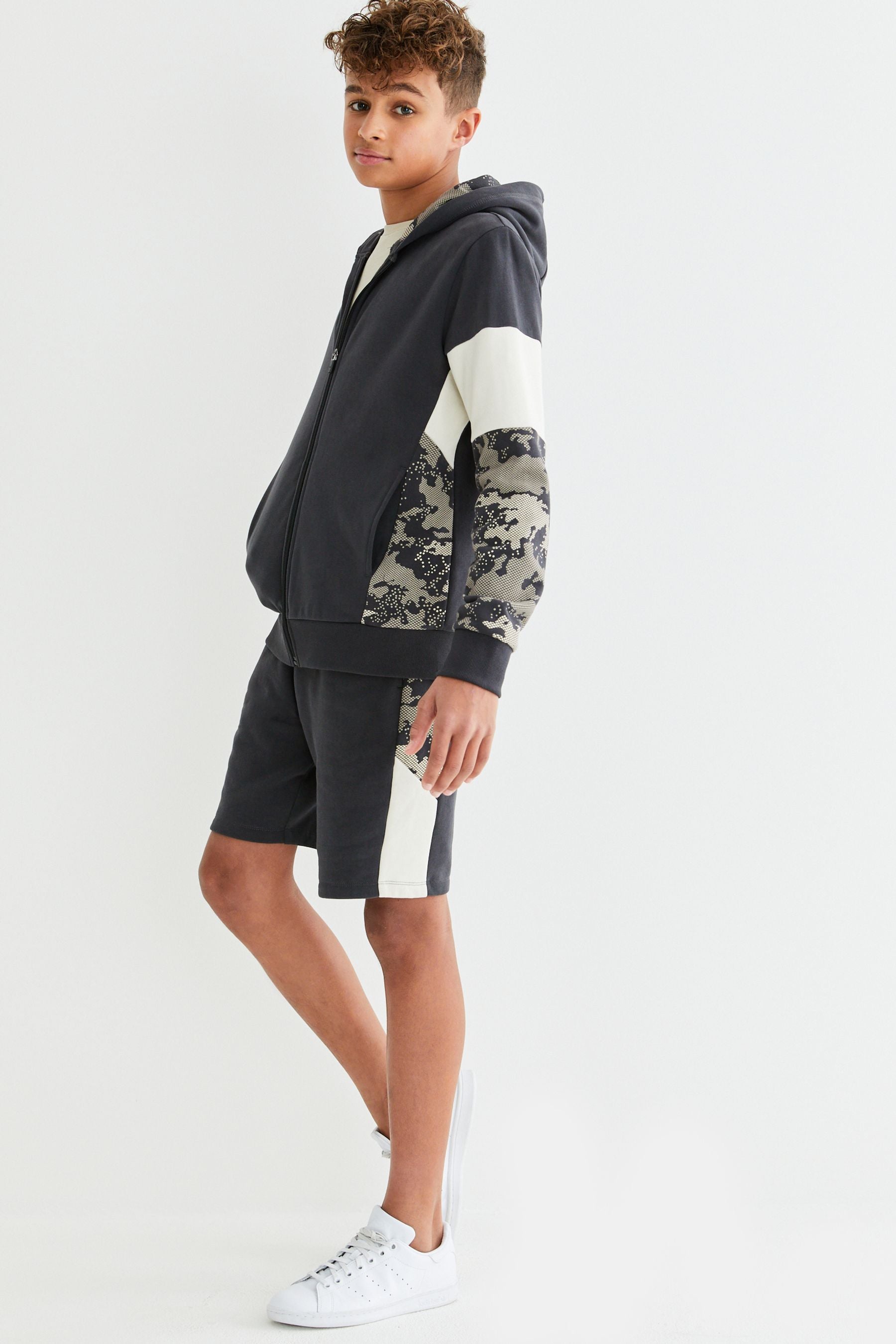 Dark Grey Camouflage Zip Through Hoodie And Shorts Set (3-16yrs)