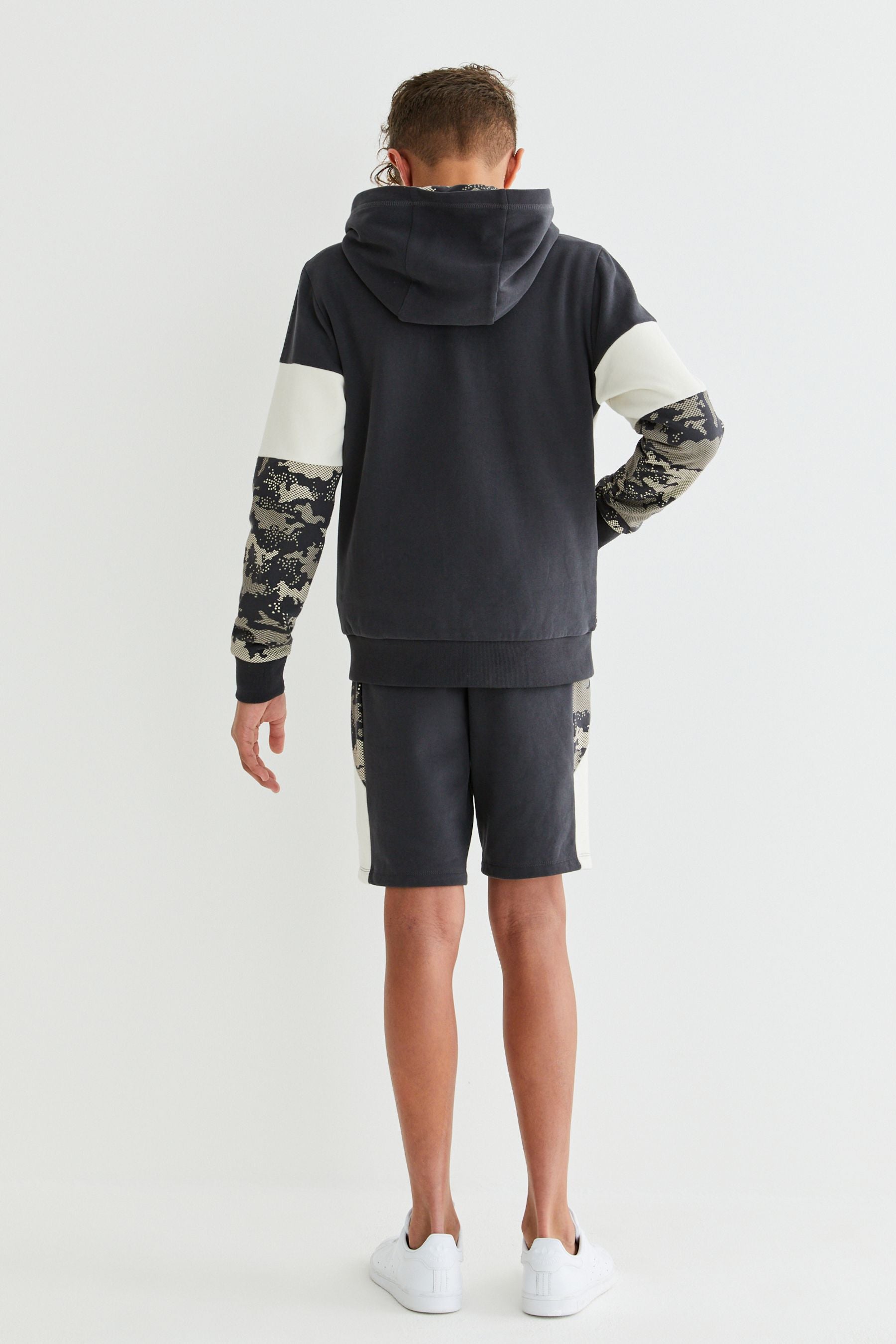 Dark Grey Camouflage Zip Through Hoodie And Shorts Set (3-16yrs)