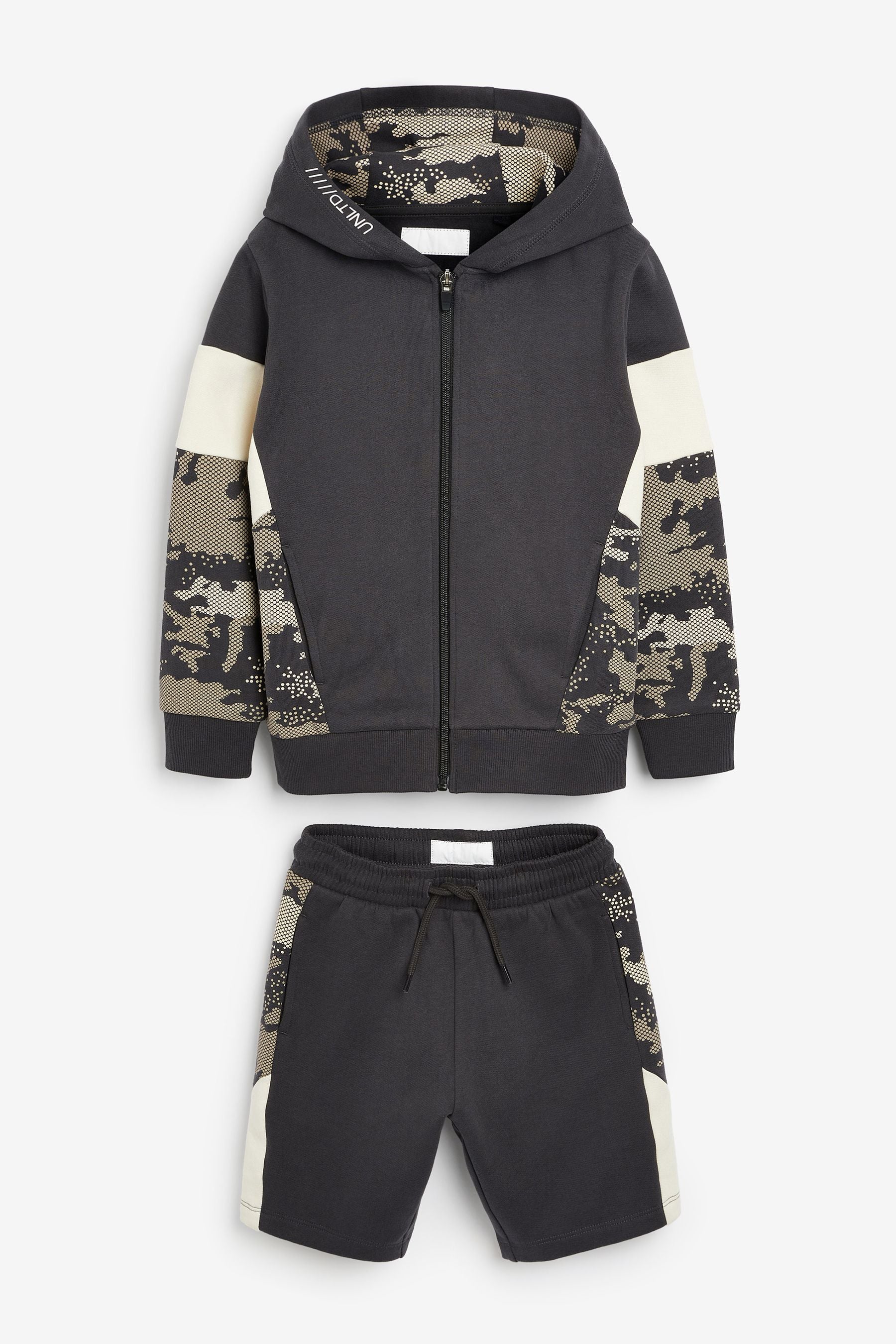 Dark Grey Camouflage Zip Through Hoodie And Shorts Set (3-16yrs)