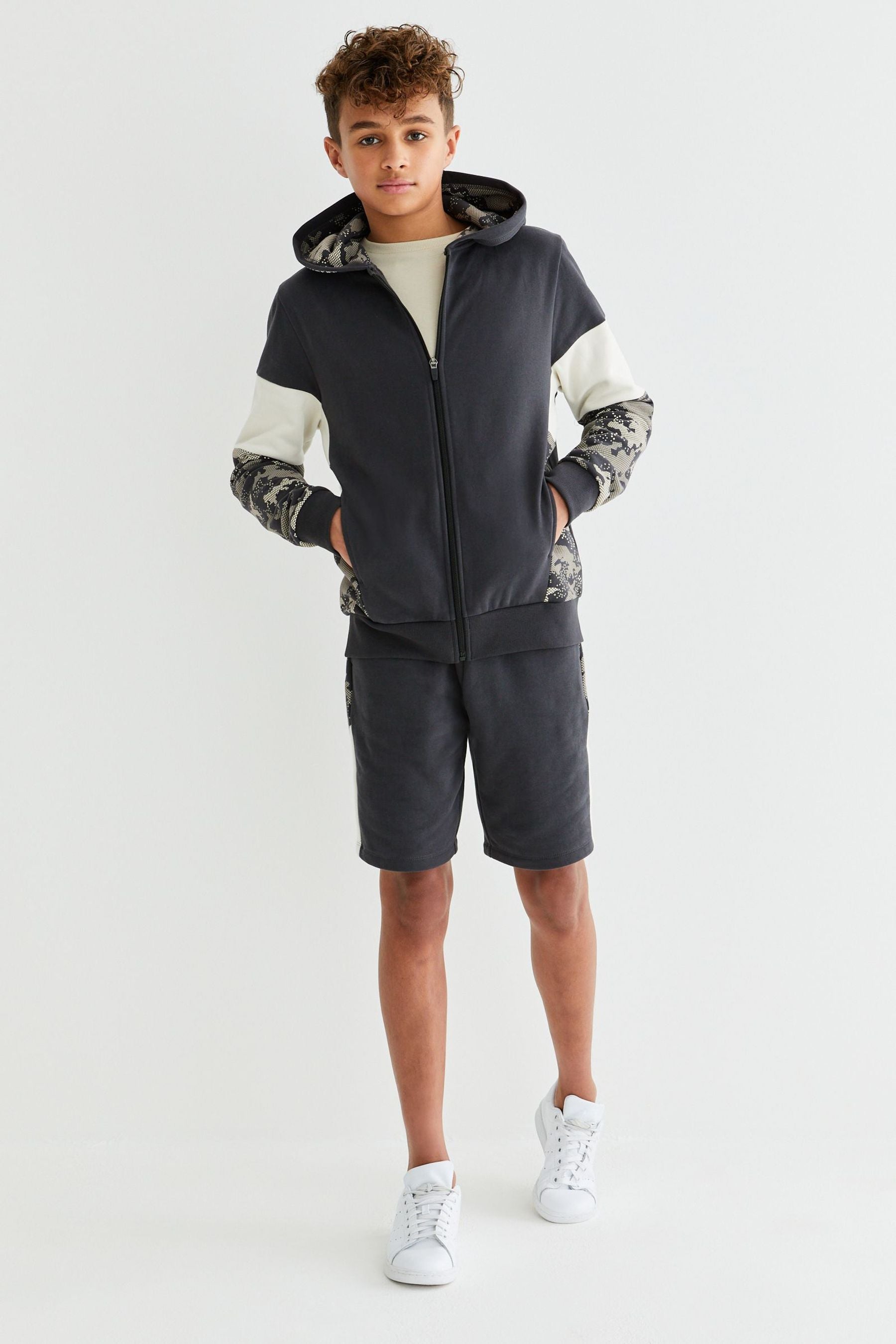 Dark Grey Camouflage Zip Through Hoodie And Shorts Set (3-16yrs)