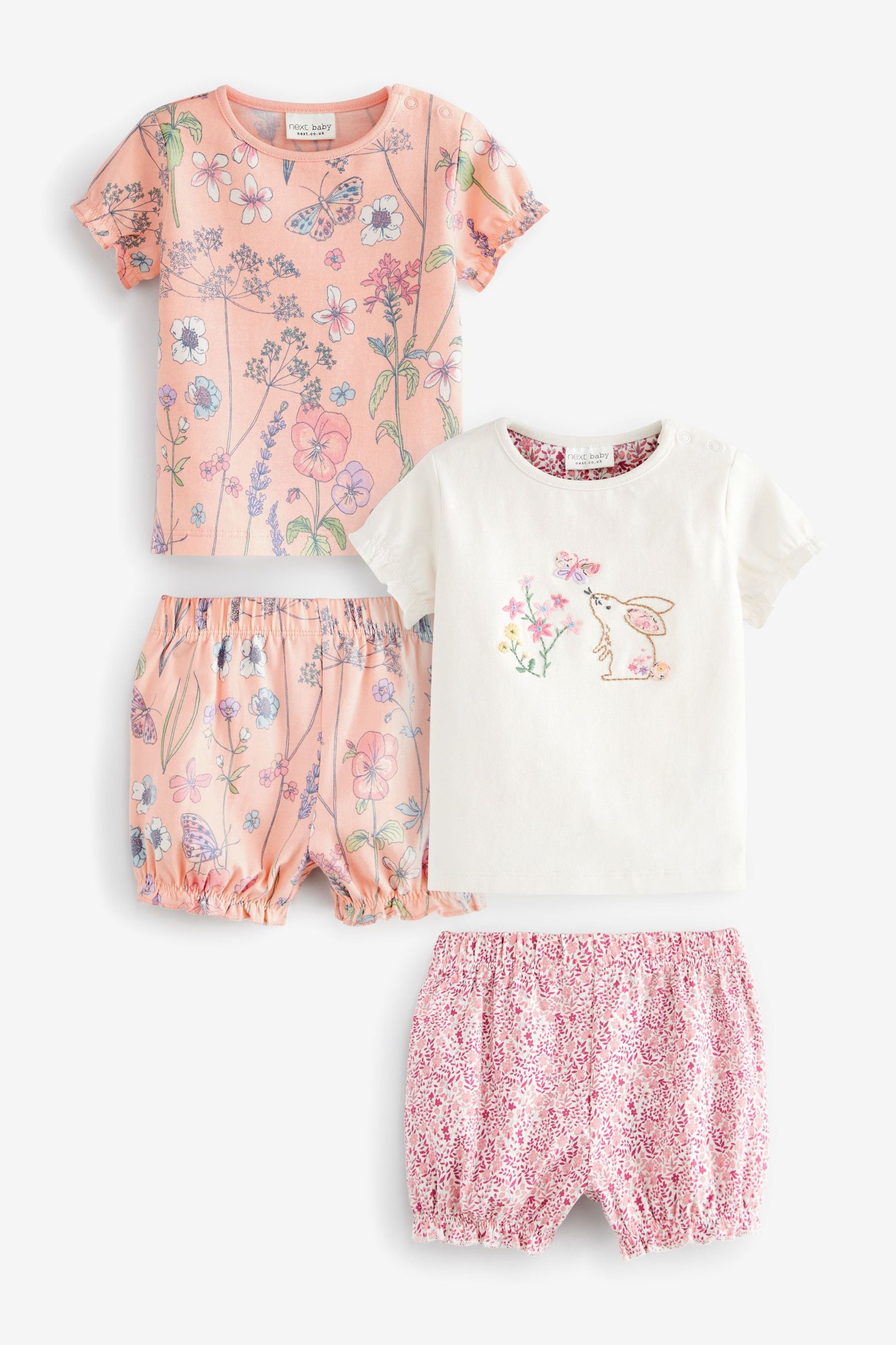 Pink Floral Bunny 4 Pack Baby T-Shirts & Shorts Set