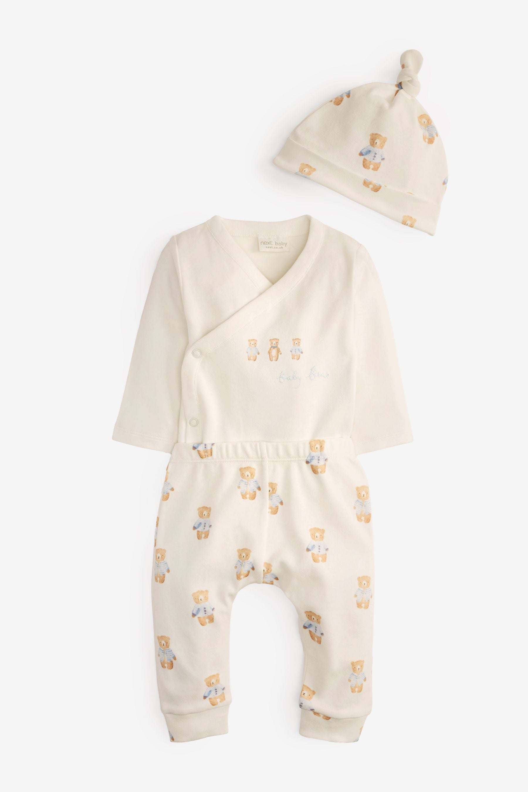 White Baby 3 Piece Bear Print Bodysuit, Leggings and Hat Set (0mths-2yrs)