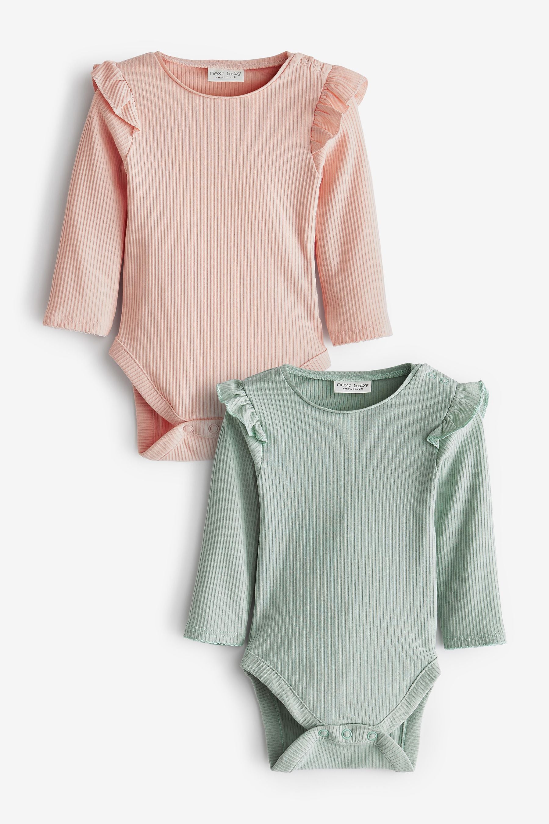 Pink/Mint Green 2 Pack Baby Long Sleeved Frill Bodysuits