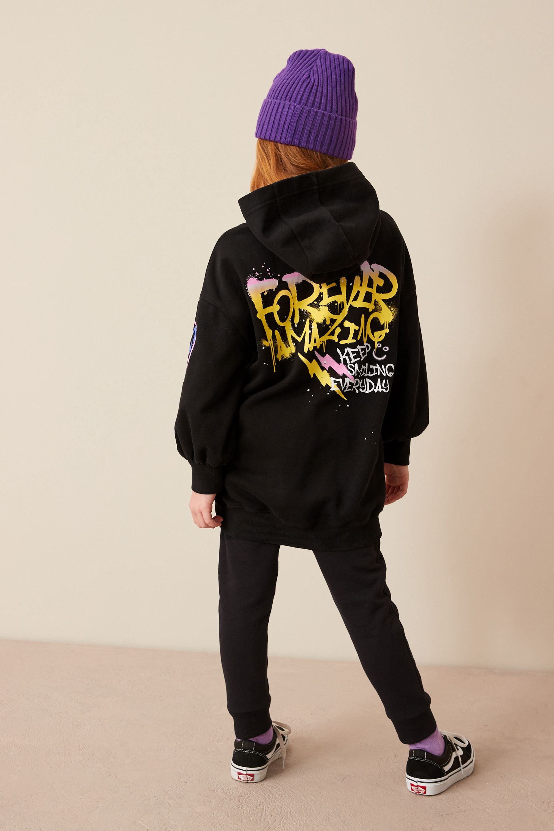 Black Graffiti Printed Longline Hoodie (3-16yrs)